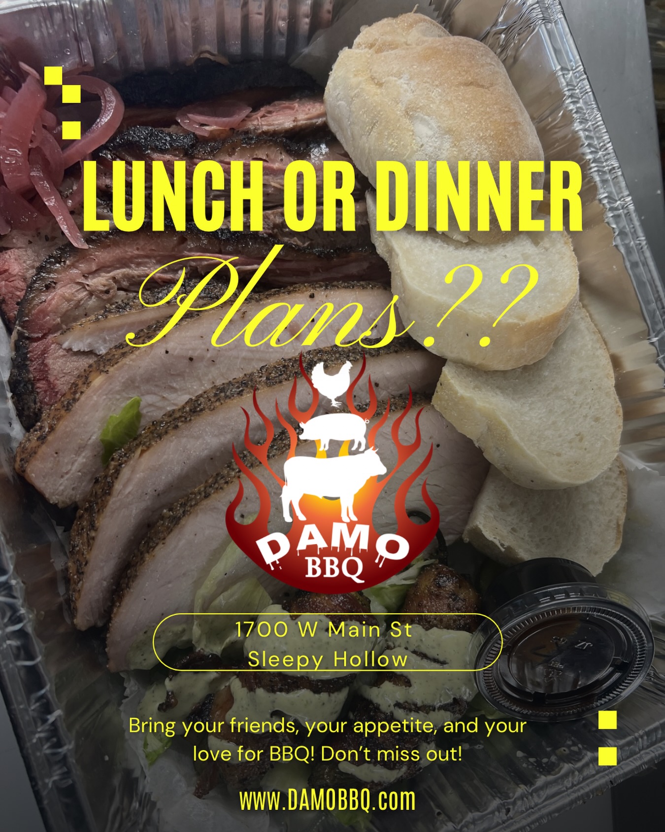 🚨 READ THIS BEFORE MAKING LUNCH OR DINNER PLANS 🚨
We are OPEN:
FRIDAY: 12–5PM
SATURDAY: 11–5PM
OR… until the smoker says we’re done.
Friday Menu Includes:
🍔 Brisket Burgers (LIMITED)
🐟 Smoked Salmon
🍗 Smoked Chicken Wing Meal
🌶 Texas Twinkies
Saturday:
🥩 12-hour smoked brisket
🍖 Baby Back Ribs
🔥 Pastrami
More TEXAS TWINKIES!
We do not reheat yesterday’s meat.
We do not cook extra “just in case.”
We smoke fresh daily — and when it’s gone, it’s gone.
Last week? Sold out.
📍 1700 W Main St, Sleepy Hollow
Verlo Mattress parking lot
Tag your BBQ crew now.
Share this to your stories so nobody blames you when we sell out.
Follow @damobbq for weekly drops + location updates.