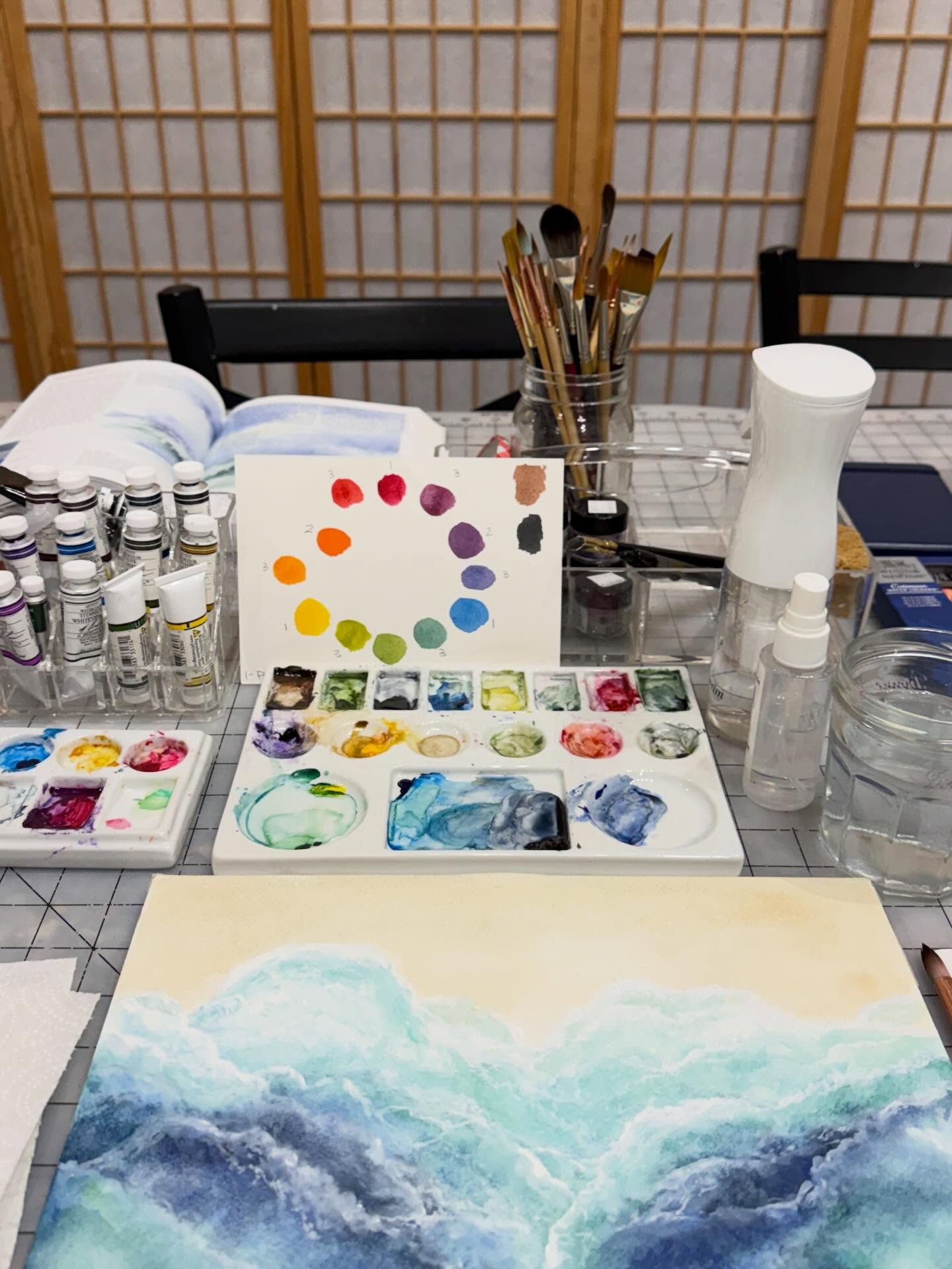 Getting ready to teach a watercolor class. Art classes on Thursdays. Come join the fun. Every Thursday I teach drawing, oil or watercolor.