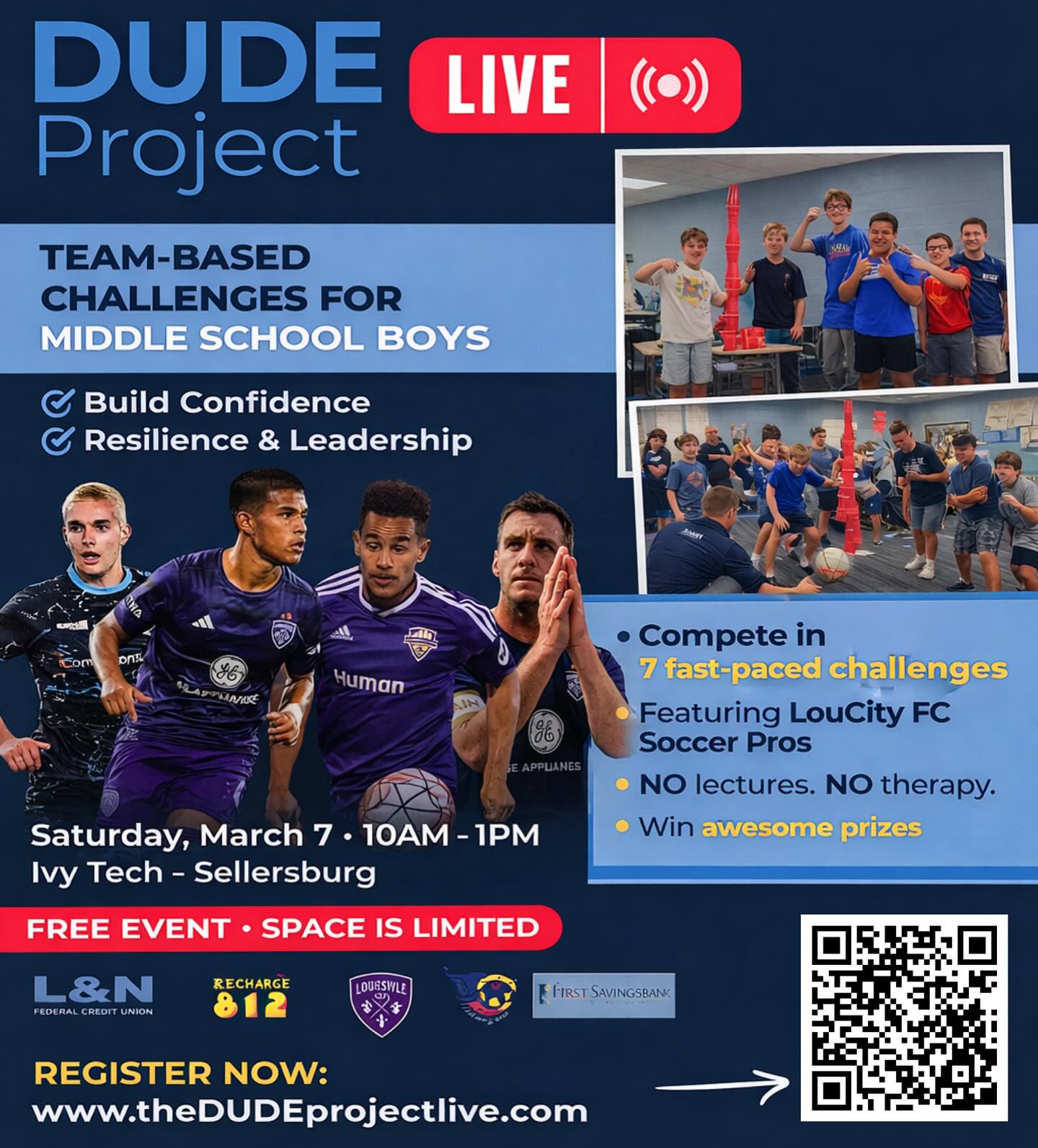 Middle school can be a challenging season — especially for boys learning how to handle pressure, competition, and growing expectations.
Southern Indiana United is excited to share that our new Recreational Director, Kyle Mitchell, is hosting The DUDE Project LIVE: Level Up — a high-energy event designed specifically for middle school boys to build confidence, resilience, and leadership.
This is not a soccer clinic.
It’s about mindset.
Handling pressure.
Discipline.
Leadership.
And learning how to show up strong when things get tough.
Special guests from Louisville City FC will be joining the live team competitions, including Carlos Moguel Jr., Quenzi Huerman, Paolo DelPiccolo, and George Davis IV.
🗓 Saturday, March 7 | 10AM–1PM
📍 Ivy Tech – Sellersburg
💥 FREE event (limited spots available)
If you have a middle school son — or know someone who does — we encourage you to check this out.
Click the link in our bio to register today!