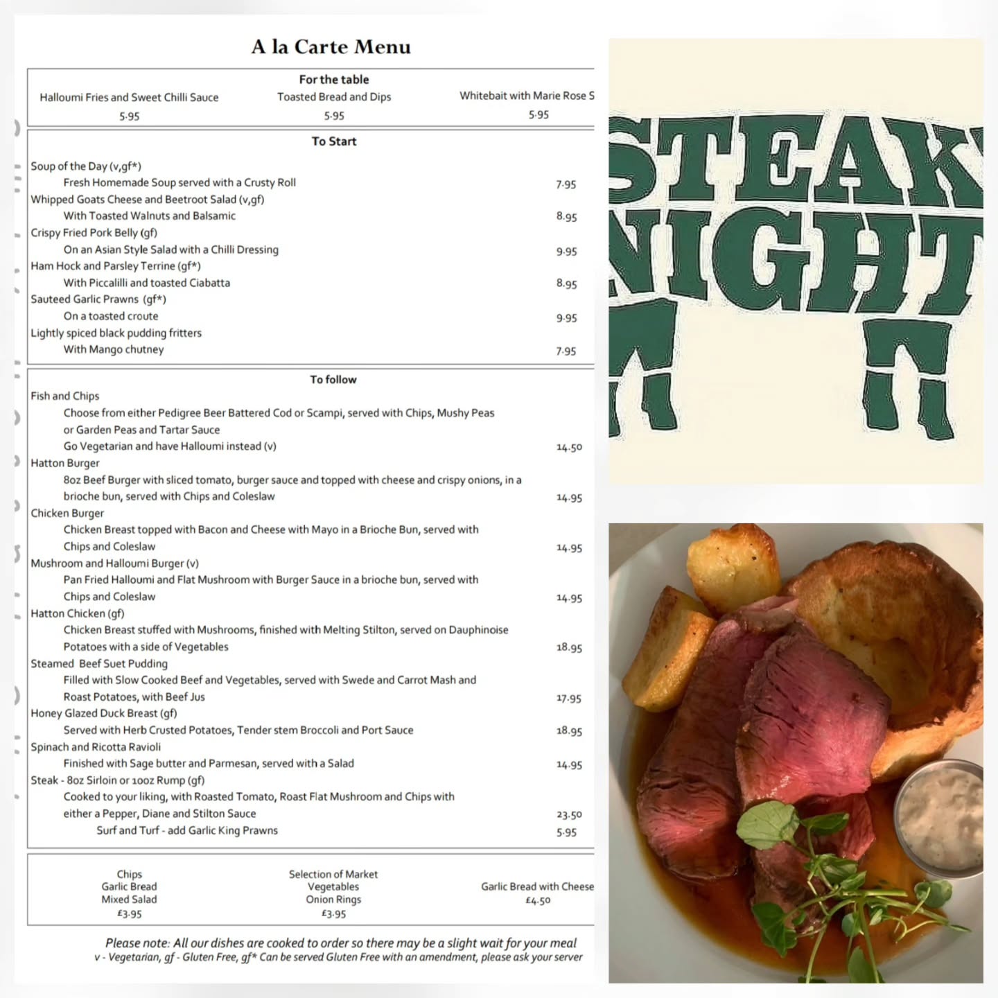 Thursday at the Hatton is Steak Night.
Two Steaks for £25. Choose either a 8oz Sirloin or a 10oz Rump served with Roasted Tomato and Mushroom and Chips, add a sauce of your choice for £1.
We have tables free for dinner Friday and Saturday evening and some tables free for Sunday lunch. Why not join us over the weekend.
Give us a call to book 01536 770268