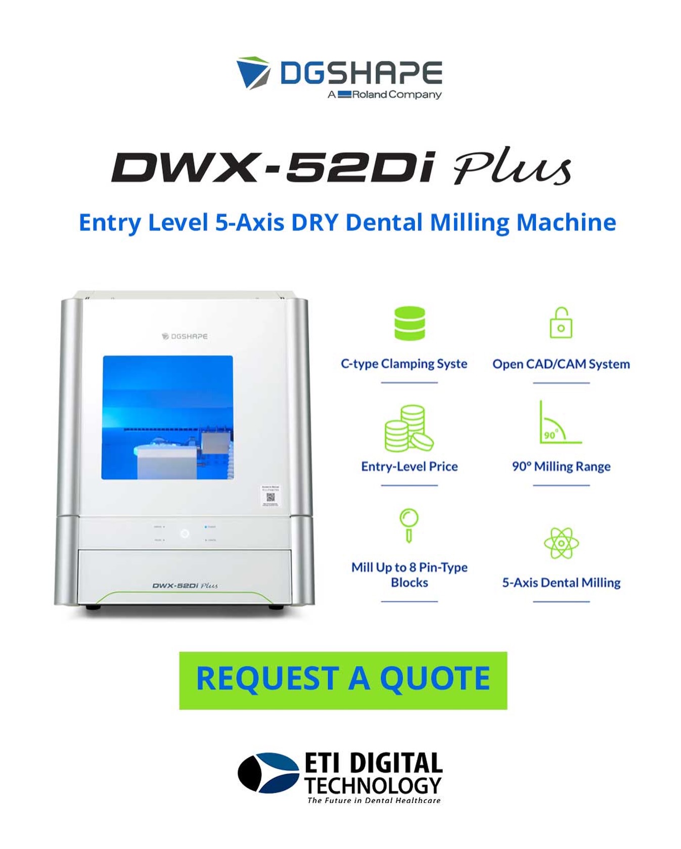 Save time and costs with the 5-Axis DWX-52Di Plus dental milling machine and its entry-level price!
Cost-effective with high quality, the DWX-52Di Plus’s 5-axis milling technology is a precise and efficient dental restoration solution, allowing users to produce a wide range of restorations, including crowns, copings, bridges, inlays, onlays, veneers, abutments, implant bars, and screw-retained crowns.
Its upgraded user-replaceable spindle and C-type clamp are also compatible with disc- and pin-type materials, enhancing the machine’s efficiency and versatility.
.
📚 For more information on this Roland DWX- 52Di system , contact ETI Digital Technology today at 714-238-1490 or sales@etidigitaltechnology.com.
#CADCAMDentistry #DGShape #DigitalDentistry #GoDigital #ETIDigital ETIDigitalTechnology