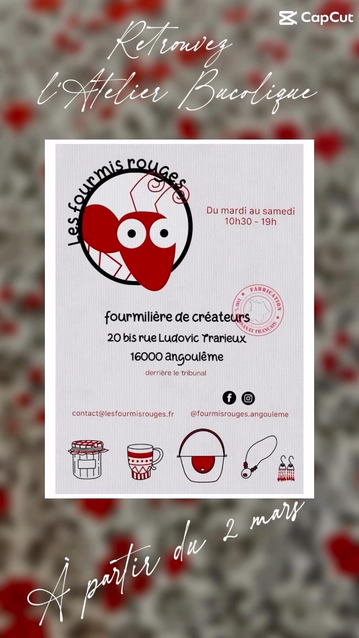 🐜 À partir du 2 mars, découvrez l’Atelier Bucolique à la boutique de créateurs « Les Fourmis Rouges », 20 bis rue Ludovic Trarieux à Angoulême.
Vous retrouverez tous nos accessoires poétiques (sacs, pochettes, bananes, bourses, trousses…), aux détails précieux et aux finitions très soignées, dans des tissus romantiques, raffinés et délicats.
Charlotte
🌿 L’Atelier Bucolique
#couture #artisanat #boutiquedecréateurs #lesfourmisrouges #angouleme