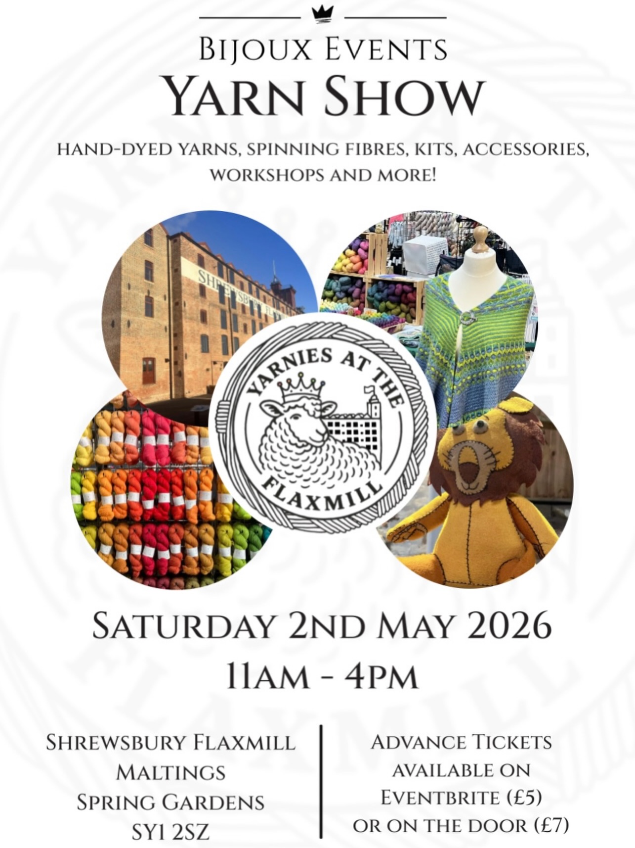 Have you got your ticket yet?
🧶 Yarnies at the Flaxmill
📅 Saturday 2nd May 2026
🕚 11am–4pm
📍 Shrewsbury Flaxmill Maltings, Spring Gardens, Shrewsbury, SY1 2SZ
Join us for a day dedicated to fibre, colour and craftsmanship. Expect talented indie dyers, beautiful yarns, inspiring makers and plenty of opportunities to connect with fellow yarn lovers in a setting that truly elevates the whole experience.
Advance tickets available via Eventbrite - Search for ‘Yarnies at the Flaxmill’
See you there!
#yarniesattheflaxmill
#bijoux_events_ltd
#yarnshow
#yarn
#wool