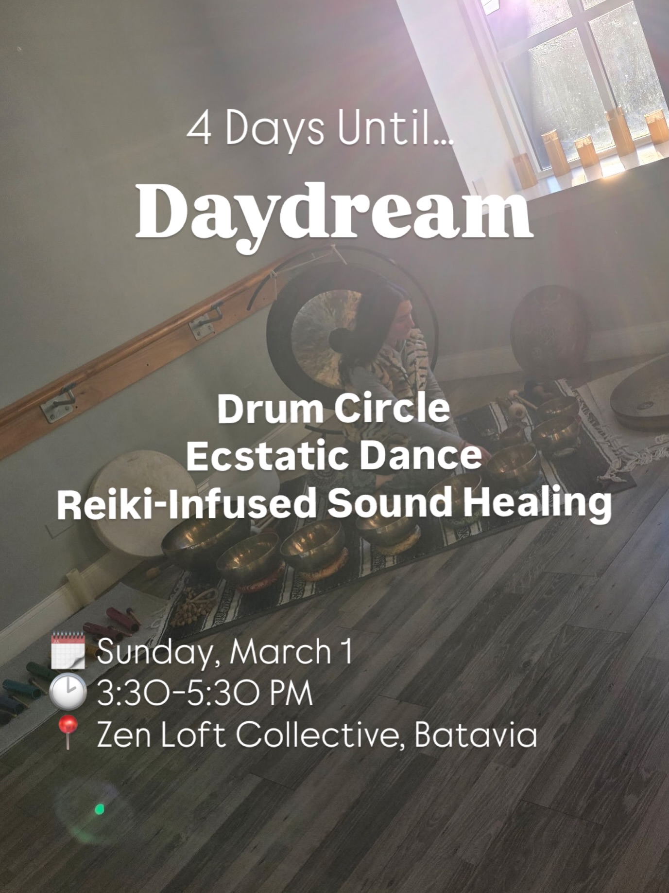 Join us for a soul-nourishing afternoon of movement, music and, healing. This unique experience blends the power of community and energy work to help you reconnect, release, and realign. (I will be proving the Reiki for those who consent)
What’s Included:
🪘 Drum Circle with Reiki: tap into primal rhythm and group energy while receiving subtle Reiki
💃🏼 Ecstatic Dance: Move freely and intuitively, letting the music guide your body into deeper self-expression
✨ Reiki-Infused Sound Healing: Sink into stillness as vibrational sound and Reiki wash over you for full-body relaxation
Event Details:
🗓️ Sunday, March 1, 3:30-5:30 PM
📍Location: Zen Loft Collective 103 E. Wilson St. Second Floor, Batavia, IL
🎟️ Tickets: $30
Whether you’re looking to awaken your spirit, relieve stress, or simply have fun in a supportive space, this experience is for you.
Reserve your spot today! Link in Bio.
Hosted by: @samofspaceforbalance @zenloftcollective @elizabethaburnham
#ecstaticdance #drumcircle #soundhealing #batavia