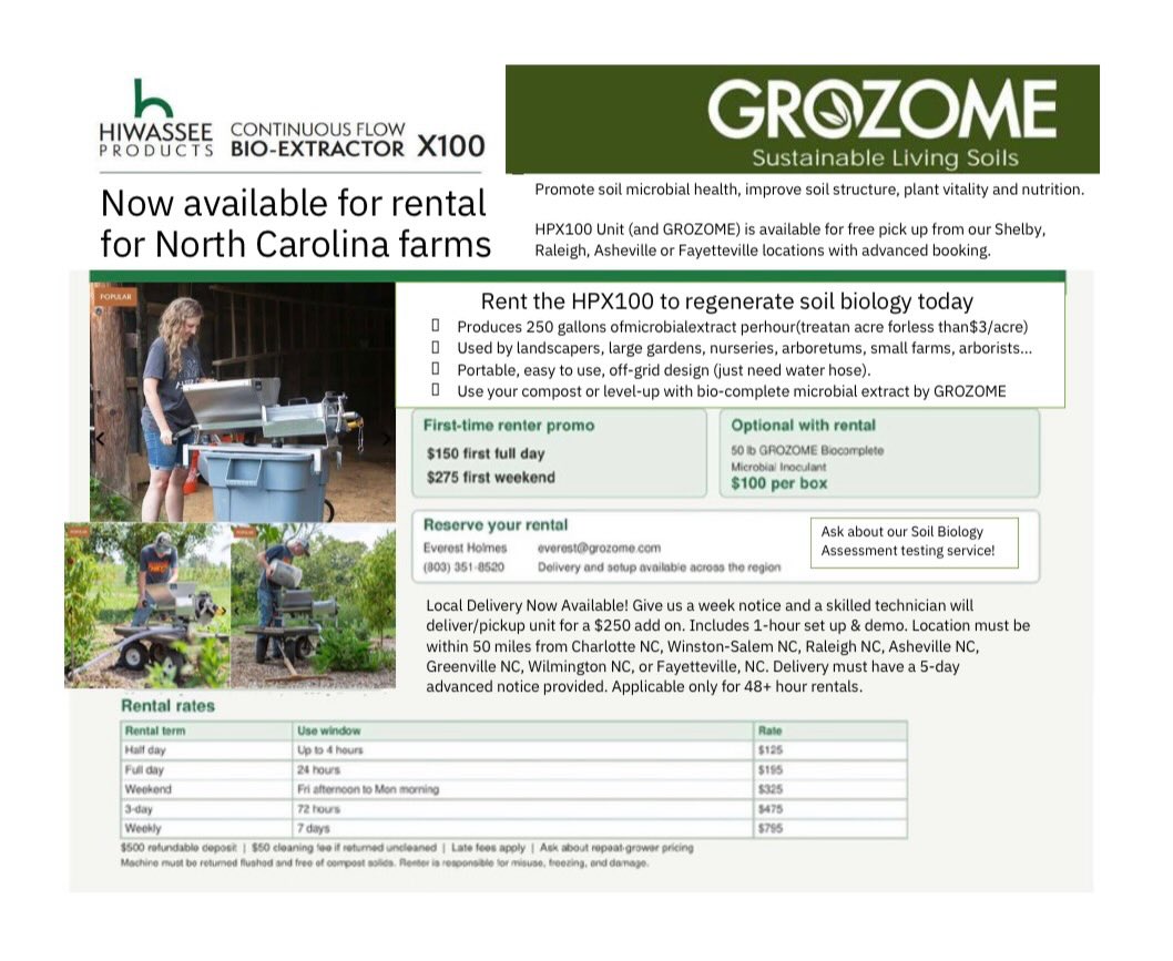 đ± North Carolina Farmers & Growers!
The HPX100 Bio-Extractor is now available for rent to help regenerate soil biology and boost plant health.
â Produces up to 250 gallons of microbial extract per hour
â Treat an acre for less than $3
â Easy to use just add water and compost
đ° First-time renter promo:
$150 first full day | $275 first weekend
đ Pickup locations: Shelby, Raleigh, Asheville & Fayetteville
đ Delivery available in many NC areas.
Healthy soil = healthier plants.
DM us to reserve your rental today!
#SoilHealth #LivingSoil #RegenerativeAgriculture #NorthCarolinaFarms #Grozome SustainableFarming đ±
