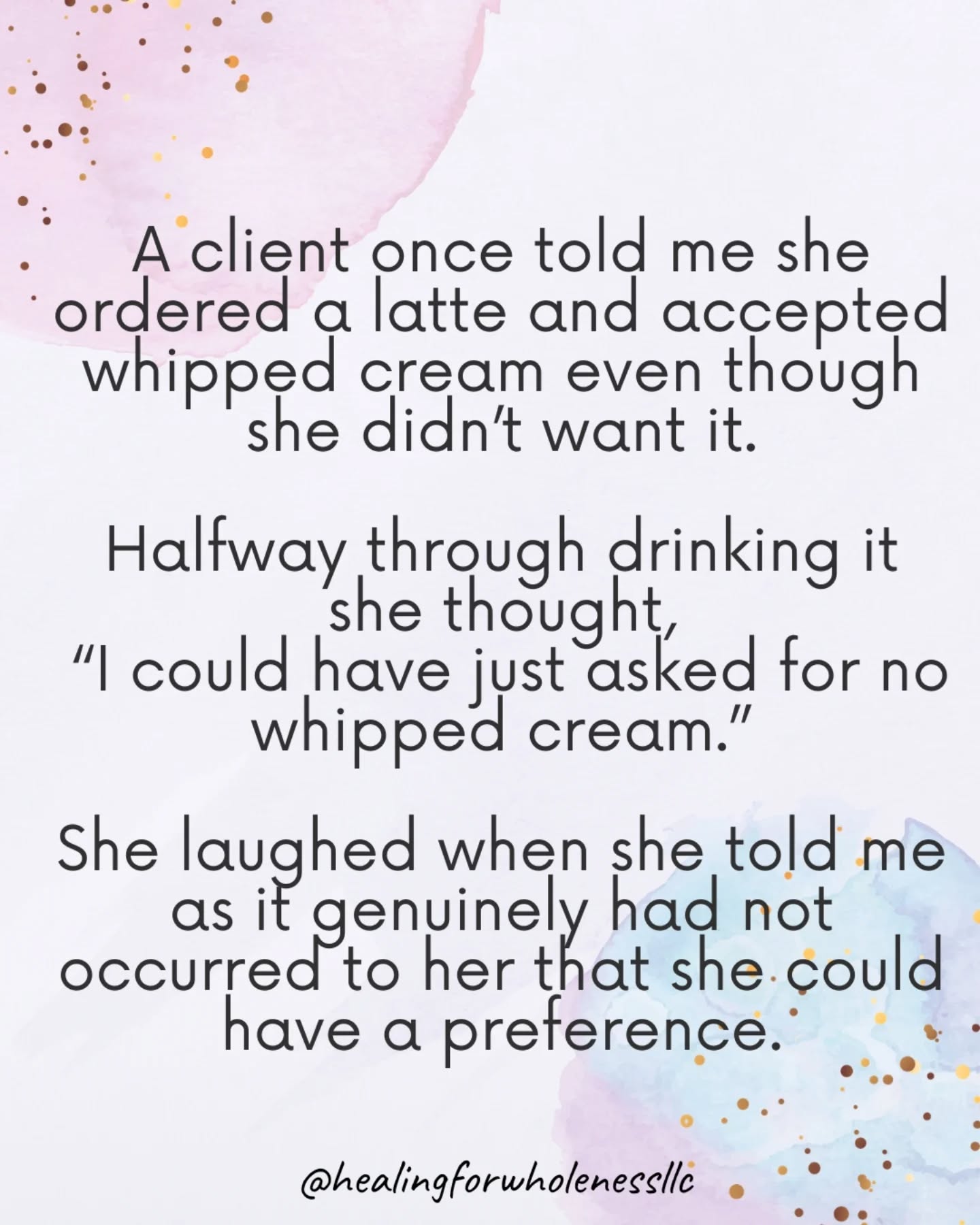 Clients often share moments like this with a little bit of disbelief.
The situation itself is small. Ordering coffee, choosing a restaurant, answering a simple question. What stands out to them is realizing that their own preference never entered the picture.
Many people become very skilled at adjusting to what is offered. They focus on keeping things smooth, easy, and uncomplicated for everyone involved. Over time, that habit becomes reflexive.
So when someone suddenly notices that they could have asked for something different, it can feel oddly significant. Not because the latte mattered that much, but because it revealed something about how they have been moving through the world.
Recognizing a preference is sometimes the first step toward including yourself in decisions that affect you.
#peoplepleasingpatterns
#overfunctioning
#therapyforblackwomen
#selftrust
#healingforwholeness