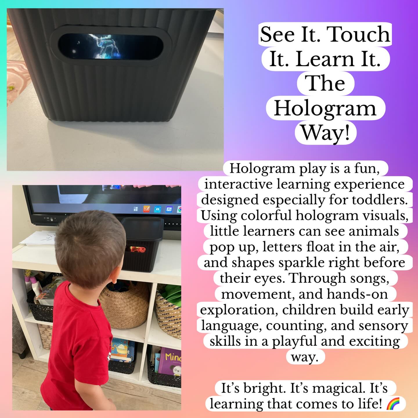 Imagine animals walking across the table 🐘, letters floating in the air 🔤, and planets spinning right in front of little eyes 🪐 that’s the magic of holograms!
Hologram learning turns ordinary lessons into exciting 3D adventures. It captures children’s attention, sparks curiosity, and makes learning feel like play. 🎉
When kids can see and experience concepts in a whole new way, understanding grows even brighter! 💡💛
The future of learning? It’s glowing! ✨
Hologram experiences support:
🌟 Confidence & identity (Outcome 1)
🌍 Connection to the world (Outcome 2)
💛 Wellbeing through engagement (Outcome 3)
💡 Curious, confident learners (Outcome 4)
🗣️ Communication & vocabulary growth (Outcome 5)