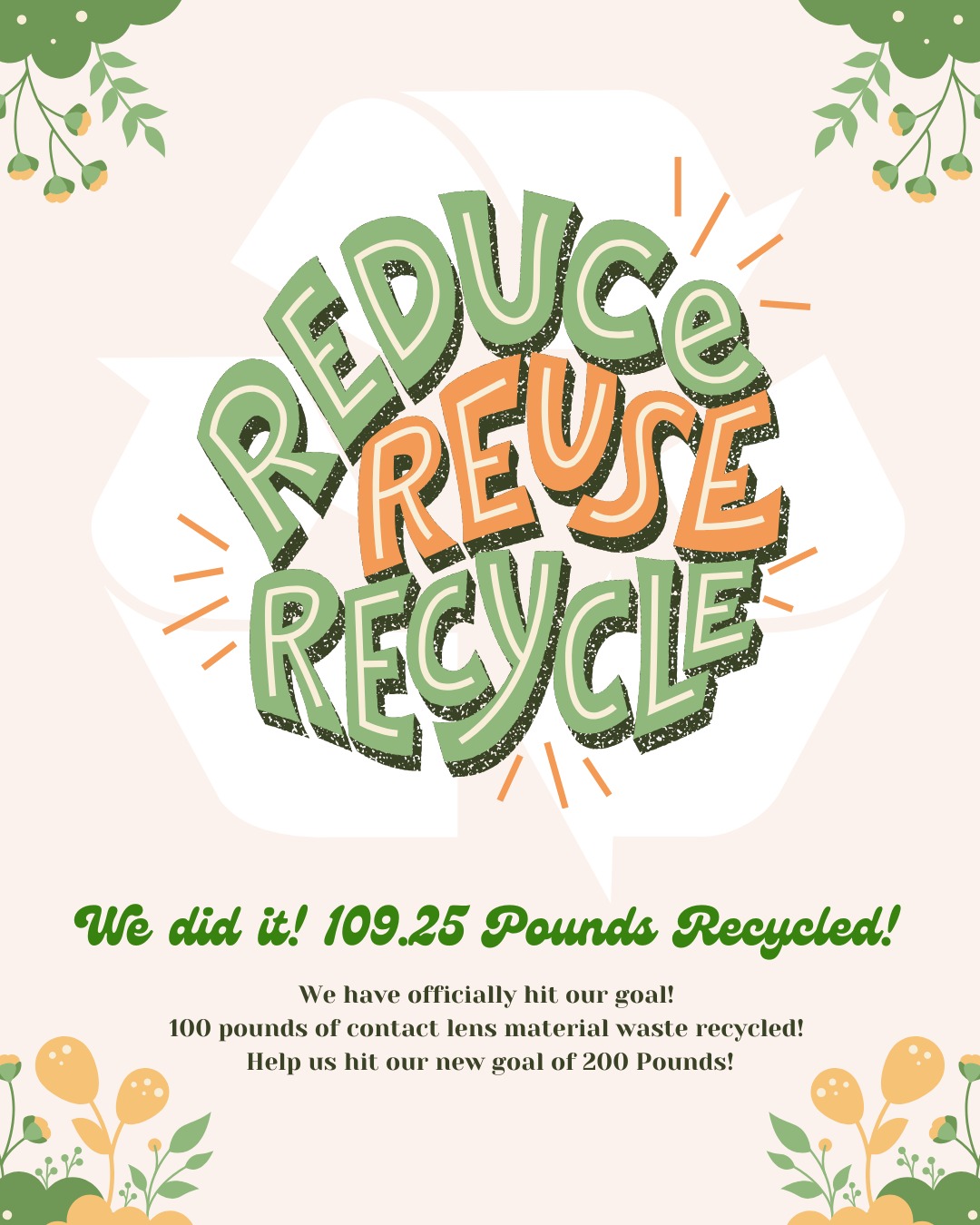 We couldn't have done it without YOU! Stop by our office anytime Monday-Friday to recycle your contact lens material waste! Blister packs, Aluminum foil, and contact lenses are all recyclable through the @terracycle program! And remember: It's never too late to start recycling!