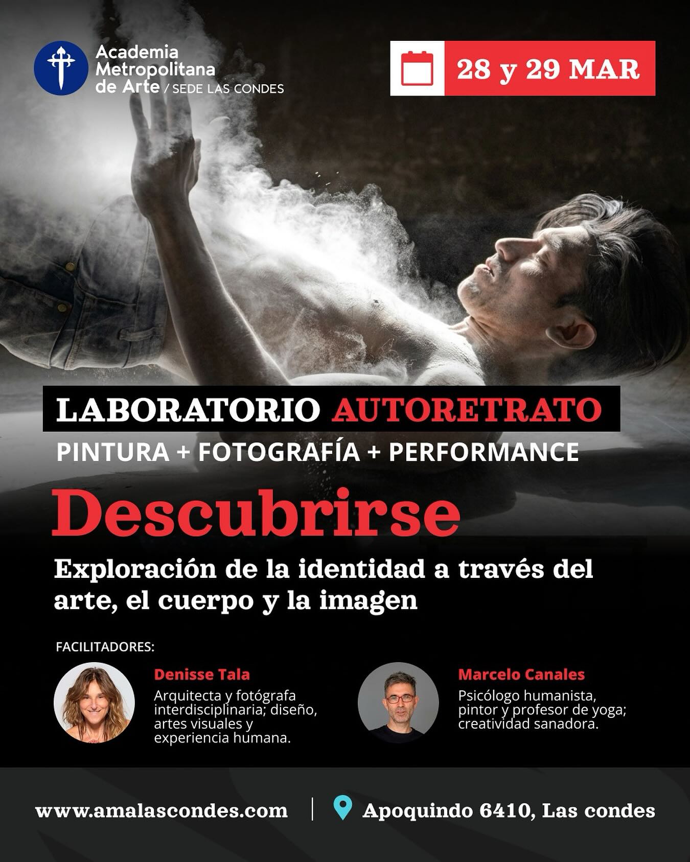 LABORATORIO AUTORRETRATO: “Descubrirse” 🔥
Pintura + Fotografía + Performance
Un fin de semana para explorar tu identidad a través del arte, el cuerpo y la imagen.
📅 28 y 29 de marzo
📍 Academia Metropolitana de Arte — Sede Las Condes
Apoquindo 6410, Of. 1604 (Metro Manquehue)
En este laboratorio vas a vivir el autorretrato desde una mirada expandida:
🎨 creación pictórica + 🧍♂️ presencia corporal + 📸 registro fotográfico profesional,
para construir una representación personal, auténtica y potente.
Facilitadores:
✨ Denisse Tala
✨ Marcelo Canales
⚠️ Cupos limitados
💬 Escríbenos por DM para reservar tu cupo y recibir el programa completo.
Contacto AMA
📲 WhatsApp: +1 (801) 455-1806
✉️ Email: contacto@amalascondes.com
🌐 Web: https://www.amalascondes.com
🔗 Más info del workshop: https://www.amalascondes.com/workshopdescubrirse
#AMALasCondes #AcademiaMetropolitanaDeArte #Autorretrato #WorkshopSantiago #Pintura #Fotografia #Performance #Identidad #ArteEnChile #SantiagoChile