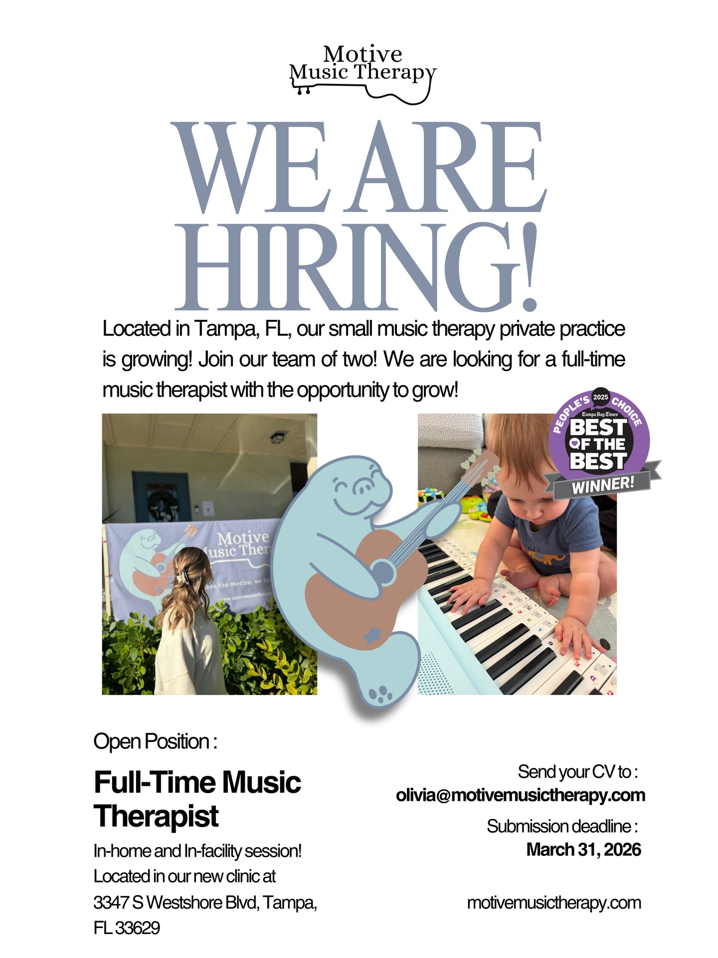 🌴TAMPA, FL
We are hiring! 😄 Full-time music therapist for a private practice in a beautiful city!🫶🏼 We serve the Tampa Bay Area with music therapy in communities, in-clinic, and around the area to spread the joy of music therapy to all ages and abilities 🫶🏼
While we primarily service children and adolescents, we also serve older adults and veterans as well! Grow with us @motivemusictherapy
Apply online at motivemusictherapy.com/contact-9 or email me your resume at olivia@motivemusictherapy.com ⭐️
#musictherapy #musictherapist #music