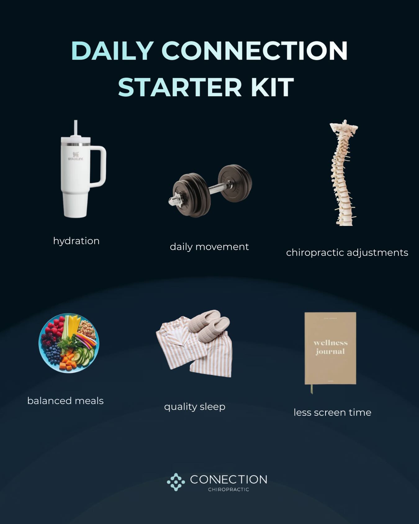 Your spine works for you every single day. What are you doing for it?
The Daily Connection Starter Kit is your reminder that wellbeing starts with simple actions - stretching, moving, hydrating, and staying aligned.
Chiropractic care supports your body so you can keep doing what you love. Don’t wait for discomfort to prioritize your health.
👉🏻Start your Daily Connection today.
#HealthyHabits #SpineCare #Chiropractor #WellnessRoutine #Mobility