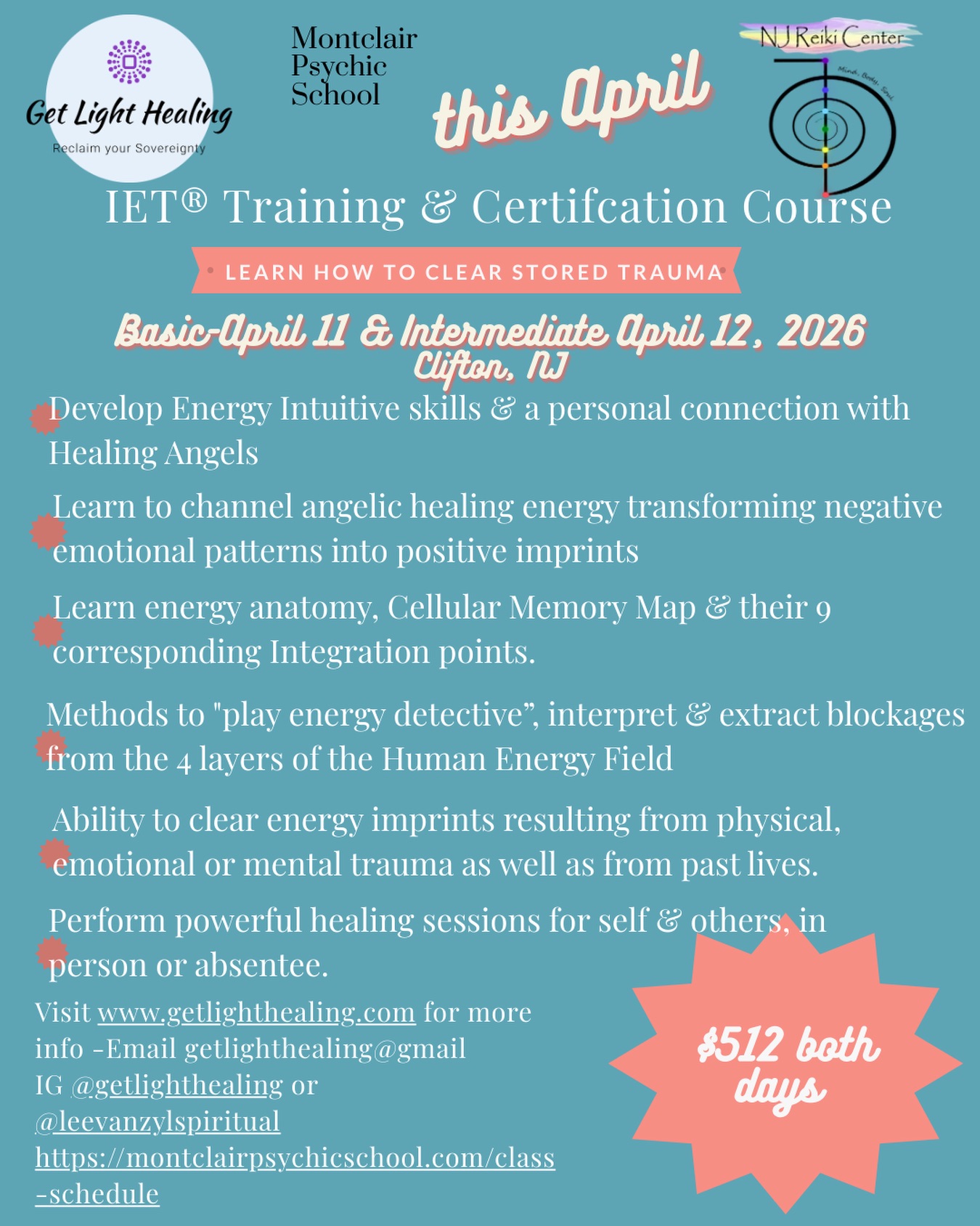 IET Basic & Intermediate Weekend Training next round of dates at the MontClair Psychic School in Clifton-April 11 & 12 2026
Space is limited to 8 & filling fast. 2 spots left
Visit https://montclairpsychicschool.com/class-schedule to register.
$512 for both days.
**Price includes a handbook, a hand position quick reference guide, a printed certificate, and registration with the Center of Being. Visit www.learniet.com for more info on IET.
“Learn to Pull the Issues Out of Your Tissues for Good!”
