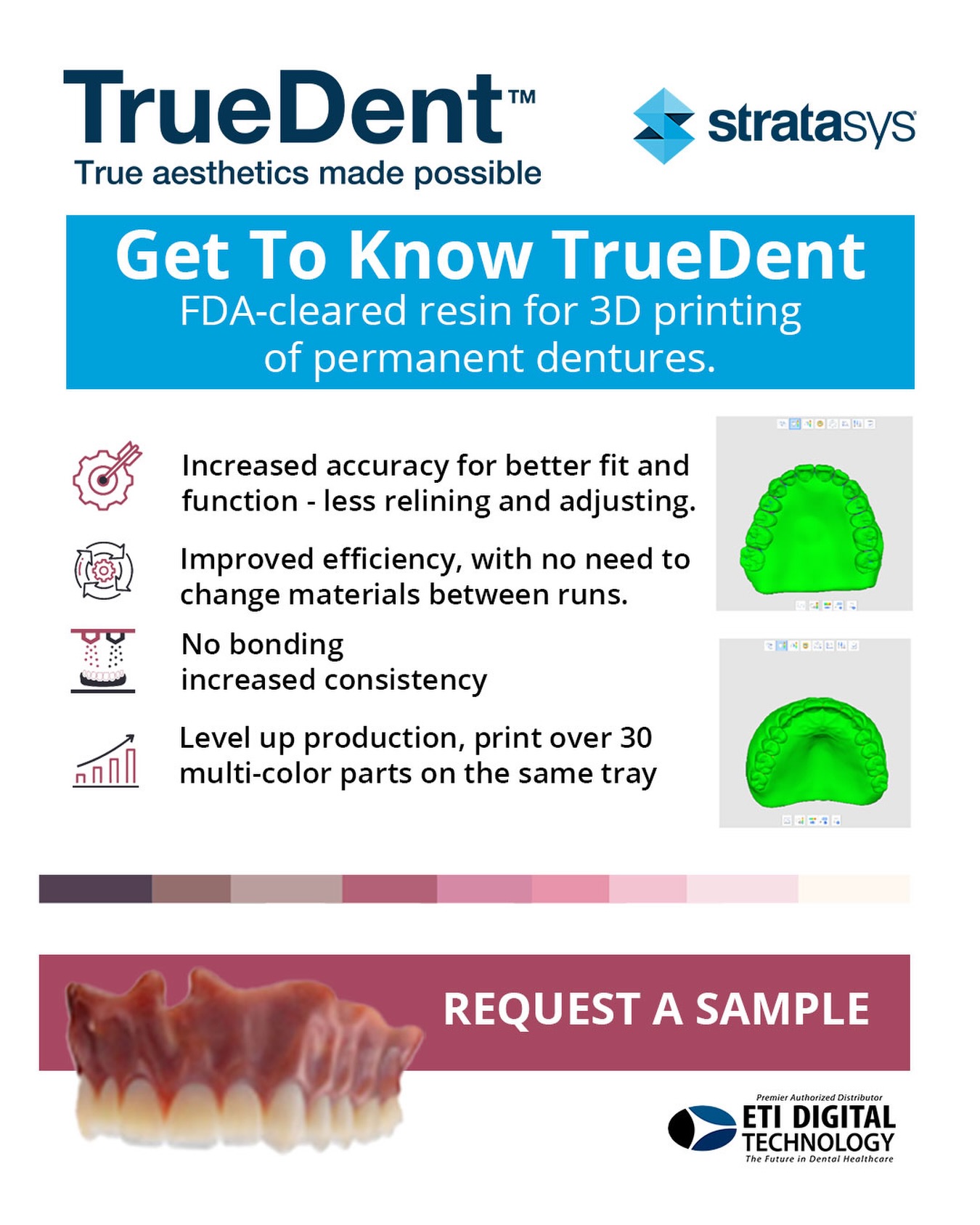 Get To Know TrueDent: FDA-cleared resin for 3D printing of permanent monolothic dentures!
.
Accurate Print From Design to Fit Meet TrueDent, Stratasys’ resin for 3D printing of full-color, single-continuous print of both the denture base and teeth. A high-fidelity match between design and print ensures repeatable, consistent production of accurate, well-fitting dentures. This means less chair time—a win-win for patients, dentists, and labs.
.
The Future of Removables is Here!
• Increased accuracy for better fit and function - less relining and adjusting.
• Improved efficiency, with no need to change materials between runs.
• No bonding increased consistency.
• Level up production, print over 30 multi-color parts on the same tray.
✍️ Request a sample today by emailing us at sales@etidigitaltechnology.com
.
📚 For more information on our product line, contact ETI Digital Technology today at 714-238-1490 or sales@etidigitaltechnology.com You can also visit our 🌐 website at www.etidigitaltechnology.com or more information!
.
#Stratasys #DigitalDentures #TruedentSolution #Truedent #J5DentaJet