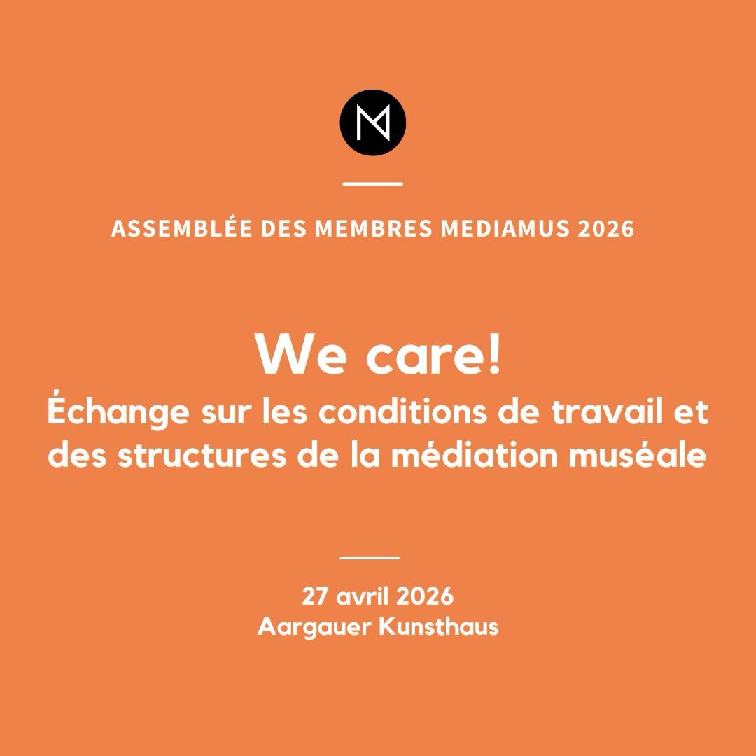💛 WE CARE!
Échange sur les conditions de travail et des structures de la médiation muséale
Comment se portent réellement les professionnel·les de la médiation muséale ? Quelles conditions de travail façonnent notre quotidien – et que faut-il pour instaurer des structures équitables et durables ?
Nous consacrons ces questions à la rencontre des membres de mediamus le 27 avril 2026 au Aargauer Kunsthaus @aargauerkunsthaus
🗣 Échange sur les réalités professionnelles
🎤 Keynote de Sascia Bailer @sascia.bailer
💬 Table ronde et World-Café
🥗 Déjeuner commun au Café Basil @basil_aarau
Une journée pour faire un état des lieux collectif, se renforcer mutuellement et créer de nouvelles alliances dans la médiation culturelle 💛
📅 Lundi 27 avril 2026
📍 Aarau
🕘 dès 09h15
📝 Inscription jusqu’au 13 avril 2026
👉 Infos & inscription : www.mediamus.ch/fr
#mediamus #care #médiationculturell #travailmusee #careinculture