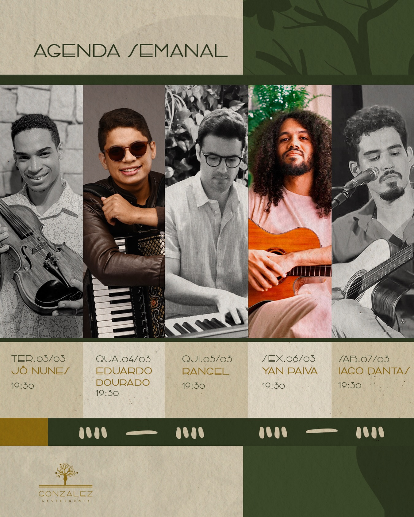 Música ao vivo no Gonzalez
Nova semana, novos encontros e a trilha sonora perfeita pra acompanhar sua experiência do começo ao fim. Aqui, cada noite tem personalidade, e todas têm aquele clima que já virou assinatura da casa
Sempre às 19h30
Rua Rio São Francisco, 385 | Irecê/BA
Escolha seu dia, garanta sua mesa e vem viver a semana no ritmo certo.