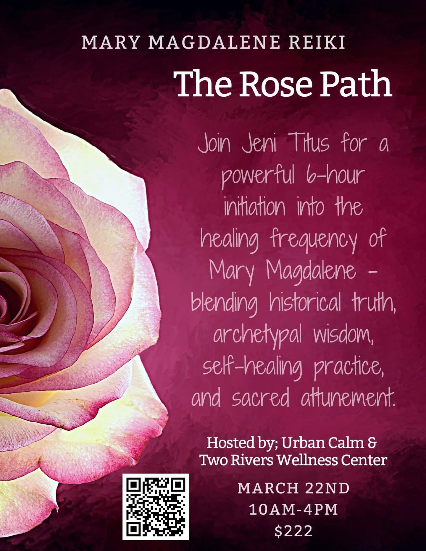 I’m very excited to be offering a Reiki course based on the teachings of Mary Magdalene and the Rose Path.
This 6-hour initiation weaves together historical insight, archetypal wisdom, embodied self-healing, and sacred attunement. Mary Magdalene represents devotion, spiritual authority, compassion, and the sacred balance of feminine and masculine within.
In this immersive experience, we will explore her reclaimed legacy, work with the symbolism of the Rose and the Cross, practice healing techniques, and receive a Mary Magdalene Reiki attunement.
This offering is for those who feel called to deepen their relationship with the sacred feminine and the path of compassionate service.
We would love to have you join - Message me for more information or sign up at https://momence.com/l/ymhVBaBq
