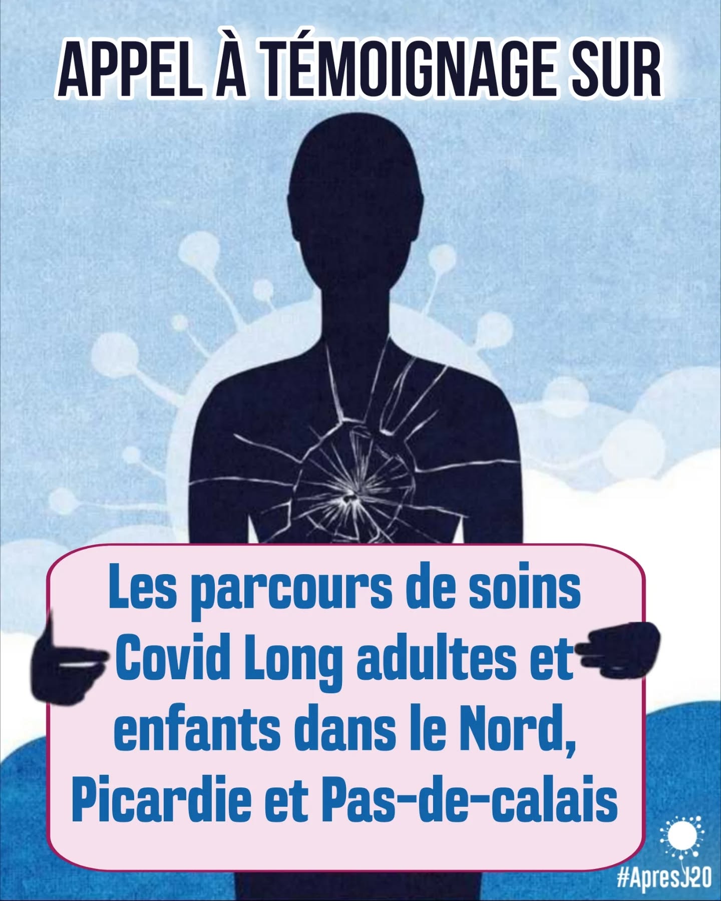 📢 Appel à témoignages : #CovidLong (adulte et pédiatrique) dans le #Nord, le #PasdeCalais et la #Picardie
👇👇👇
Vous résidez dans le Nord (59📍), le Pas-de-Calais (62📍) ou en Picardie (80, 60, 02📍) et vous vivez avec un #CovidLong ?
Votre vécu est une ressource précieuse pour faire progresser la recherche et la prise en charge de la maladie dans cette région.
Dans la perspective d'une audition prochaine, l'association ApresJ20 prépare un état des lieux de la prise en charge sur ce territoire pour les enfants et adultes affectés par un Covid Long.
Nous portons votre voix auprès d'instances régionales.
🎯 Pourquoi votre retour est essentiel ?
Pour convaincre, nous devons illustrer la réalité du terrain :
➡️Accès aux soins :
Quelles sont vos difficultés de prise en charge dans votre département pour votre Covid Long (adulte et pédiatrique) ?
➡️Parcours de santé (Covid Long) :
Existe-t-il des disparités selon les territoires dans les HDF?
➡️Vie quotidienne (Covid Long) :
Quel est l'impact de votre Covid Long sur votre emploi et votre vie sociale dans la région ?
🔒 Confidentialité garantie
Nous recueillons vos témoignages de manière individuelle. avant fin mars. L'ensemble des données sera strictement anonymisé avant d'être consolidé pour notre état des lieux. Aucune coordonnée personnelle ne sera divulguée.
📧 Comment témoigner ?
Envoyez-nous votre vécu et retour d'expérience par e-mail à l'adresse de l'association :
👉 association@apresj20.fr
Chaque récit sera utile pour documenter la nécessité d'une meilleure prise en charge régionale.
Merci pour votre mobilisation !