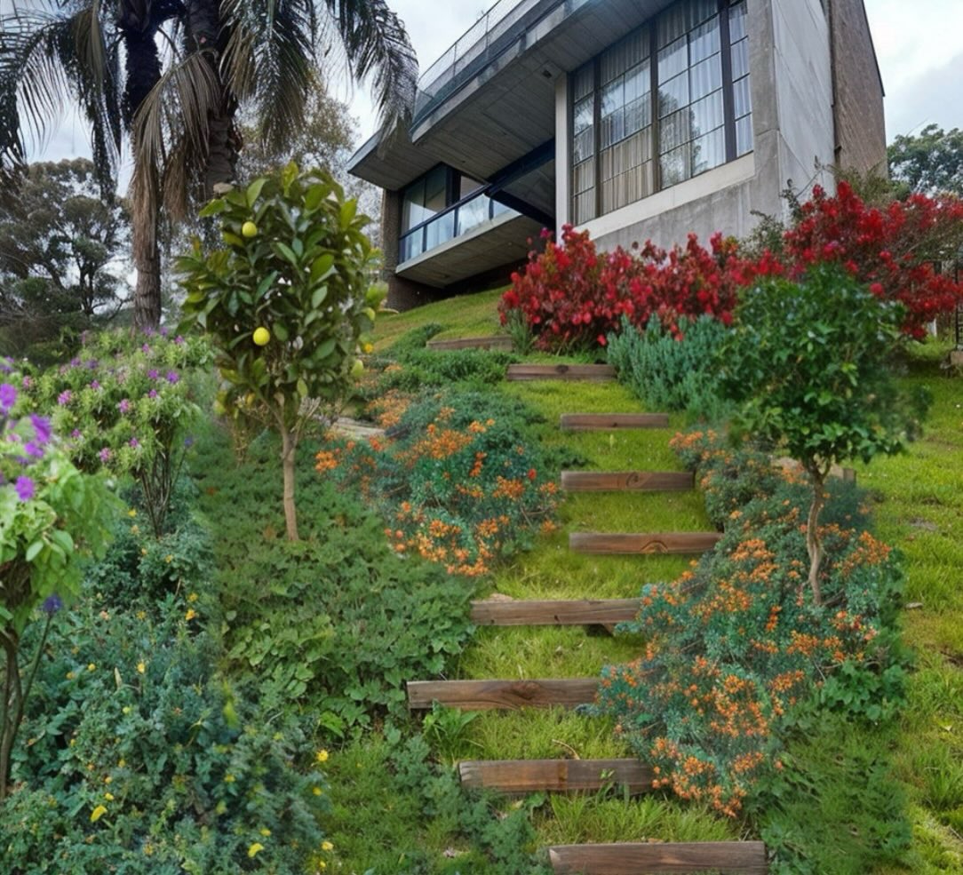 🇧🇷 Buscamos embelezar o caminho e facilitar o acesso pelo terreno (que é muuuito inclinado) com escada de dormentes de madeira. Plantas de baixa manutenção e funcionais dão a graça ao percurso. [fotomontagem de apresentação do projeto)
.
🇬🇧We sought to beautify the path and facilitate access through the terrain (which is very steep) with a staircase made of wooden sleepers. Low-maintenance and functional plants add charm to the route.
.
#jardim #paisagismoresidencial #jardinagemepaisagismo #casaeconstruçao #casaejardim