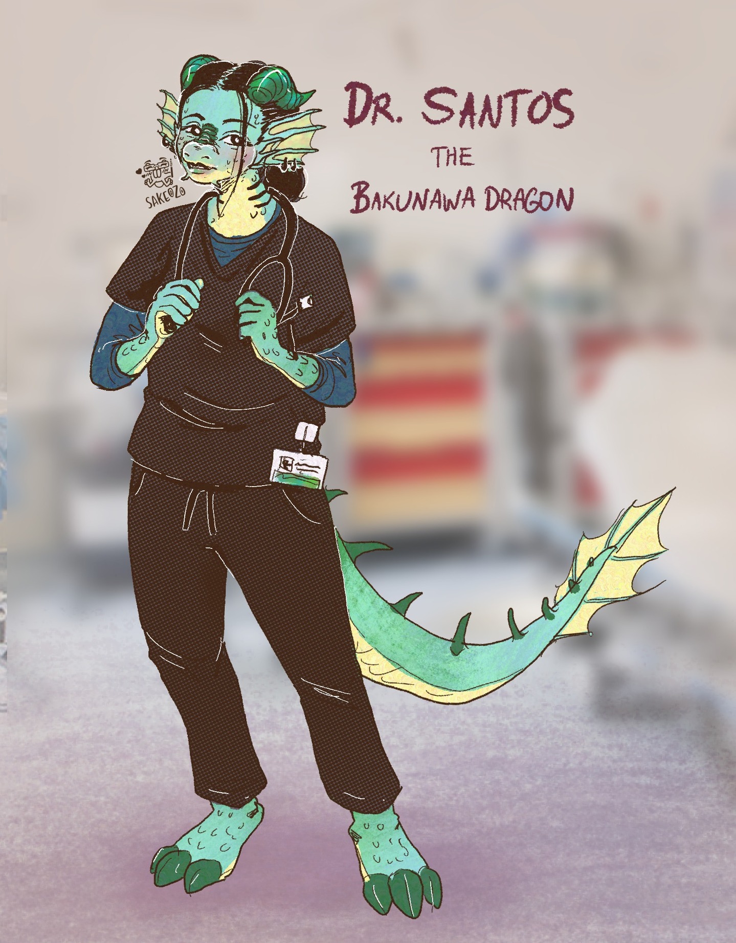 Yeah, I agree, Dr. Santos would look good as a dragon!
As a Pittsburgh local, I expected at least one furry at The Pitt given 4th of July is when Anthroncon happens. I was thrilled to see a fursuiter in the ER, haha. After researching Filipino mythic dragons, I learned about Bakunawa, which inspired this character design. Enjoy! #Thepitt
--
ID: A Full-body digital illustration of Dr. Santos from The Pitt as a Bakunawa dragon character.
Dr. Santos is an anthropomorphic dragon with pale green and yellow scales, light yellow/green fins behind her ears, and small dark horns. She has a kind, slightly weary expression and dark hair tied back. She wears dark brown medical scrubs, a greenish-blue long-sleeved undershirt, and a stethoscope draped around her neck held by her. Her spiked tail from behind her with fin in the end.
The background is a soft-focus, blurred image of a hospital room, and the text "Dr. Santos the Bakunawa Dragon" is written in a dark red, hand-lettered font to her right. On the left beside her face, there is an artist's watermark logo, Sakeozo, the icon is an ILY pet.