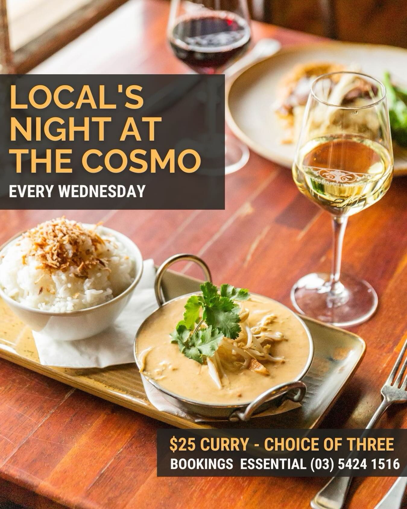 Tonight, join us (or call ahead to collect) a mouth watering curry for dinner. On the stove cooking is special guest… LAMB ROGAN JOSH.
Choice of 3 curries w/ rice - $25 dine in/ $18 takeaway.
#localsnight #authenticindianfood