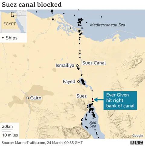#MapMonday On this day in 2021, cargo ship Ever Given got stuck in the Suez Canal, Egypt. The 400m megaship completely blocked the shipping canal for 6 days! Check out this map of the chaos… Source: https://www.bbc.co.uk/news/business-56533250