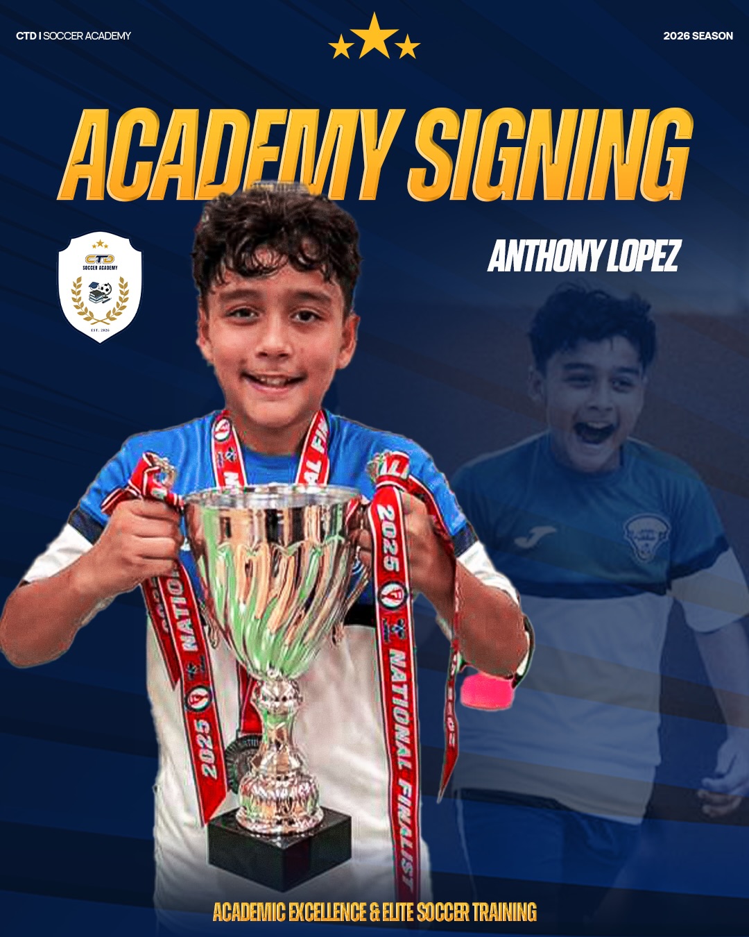 Another exciting addition to the CTD Soccer Academy roster.
A true #10 who thrives between the lines, creates chances, and brings creativity to every phase of the game. His vision, composure on the ball, and ability to unlock defenses make him a constant attacking threat.
We’re excited to help continue developing his game and can’t wait to see him create plenty of goals and opportunities this year @scsurfsoccerclub ⚽️
Welcome to CTD Soccer Academy.