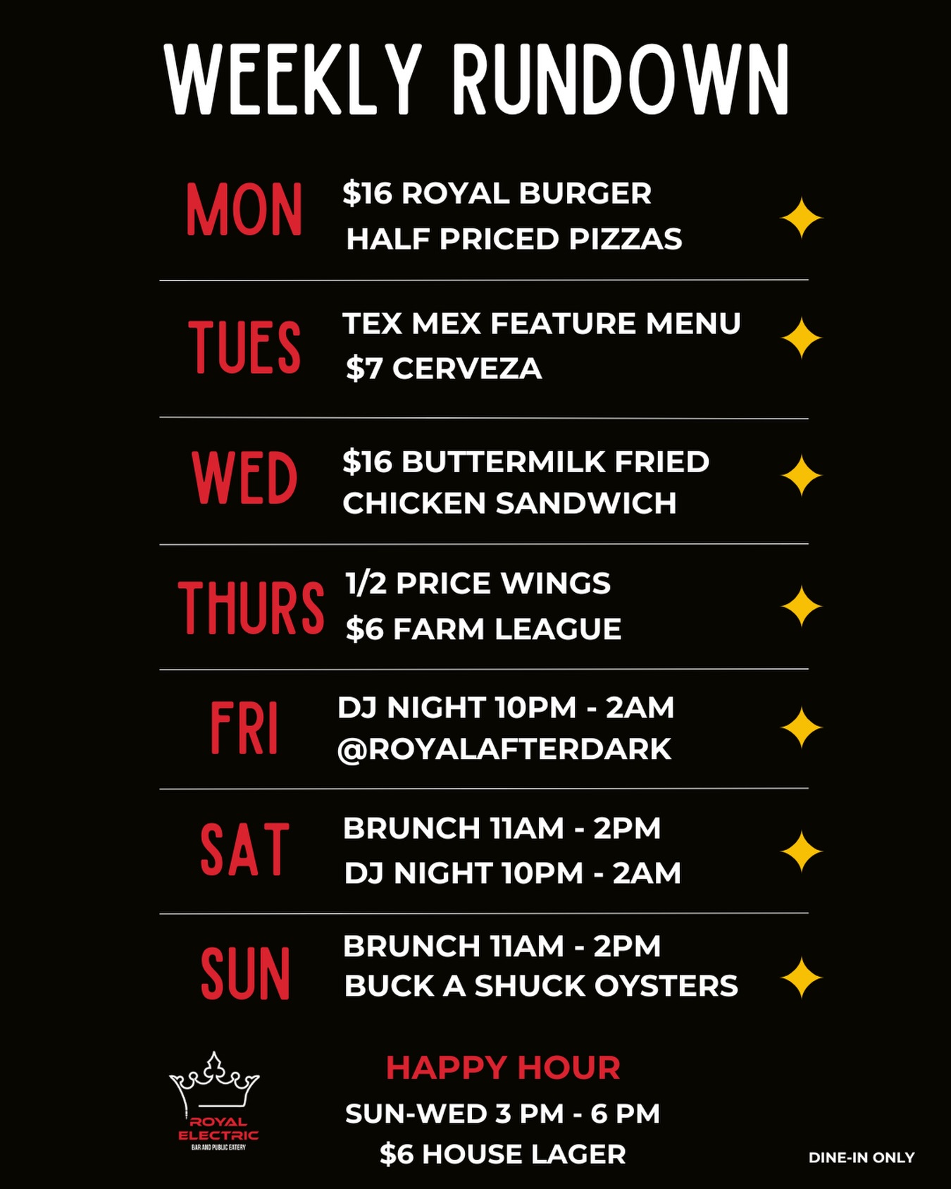 Weekly specials just got even better 👀🍻
We’re serving up your favourites all week long — AND we’re introducing something new…
✨ Happy Hour | Sunday–Wednesday | 3–6PM ✨
$6 House Lager 🍺
Midweek plans? Handled.
After-work drinks? Sorted.
“Just one” that turns into a couple? We won’t judge.
Pull up, grab a seat, and let the specials do the talking. 🍻 #royalelectric #downtownguelph #guelpheats