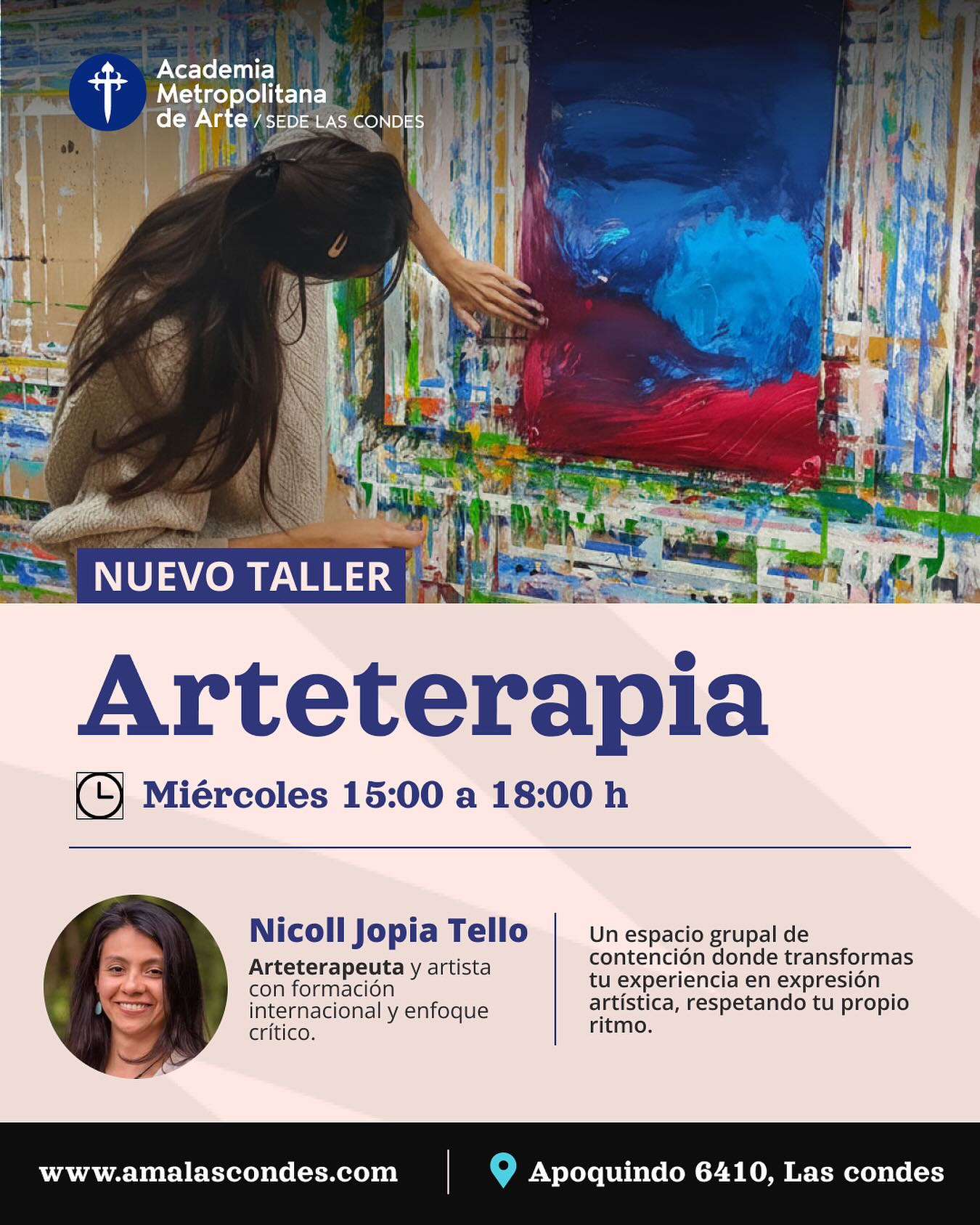 🎨✨ ARTETERAPIA GESTALT (AMA Las Condes)
Un espacio grupal para conectar con tu mundo interno y transformarlo en creación.
No necesitas experiencia: acá no se trata de “hacer algo bonito”, sino de expresar, integrar y sanar a través del arte.
¿Qué vas a vivir?
🫧 Apertura y escucha + conexión corporal
🎨 Creación con materiales (pintura, volumen, collage, cuerpo y/o palabra)
🧩 Integración y cierre (y si lo necesitas, también verbal)
Imparte: Nicoll Jopia Tello — Arteterapeuta y artista.
(Máster en Arteterapia Gestalt, Barcelona)
@arteterapia.fondo
📍 AMA Las Condes — Apoquindo 6410, Of. 1604 (Metro Manquehue)
🗓️ Miércoles | 15:00 a 18:00 hrs
👥 Desde 16+ | Sin experiencia previa
📩 contacto@amalascondes.com
📲 WhatsApp: +56 9 6900 1291
🌐 amalascondes.com/arteterapia
Cupos limitados — escríbenos por DM o WhatsApp para inscribirte.
#Arteterapia #Gestalt #ArteYBienestar #SaludMental #TallerCreativo #LasCondes #Santiago