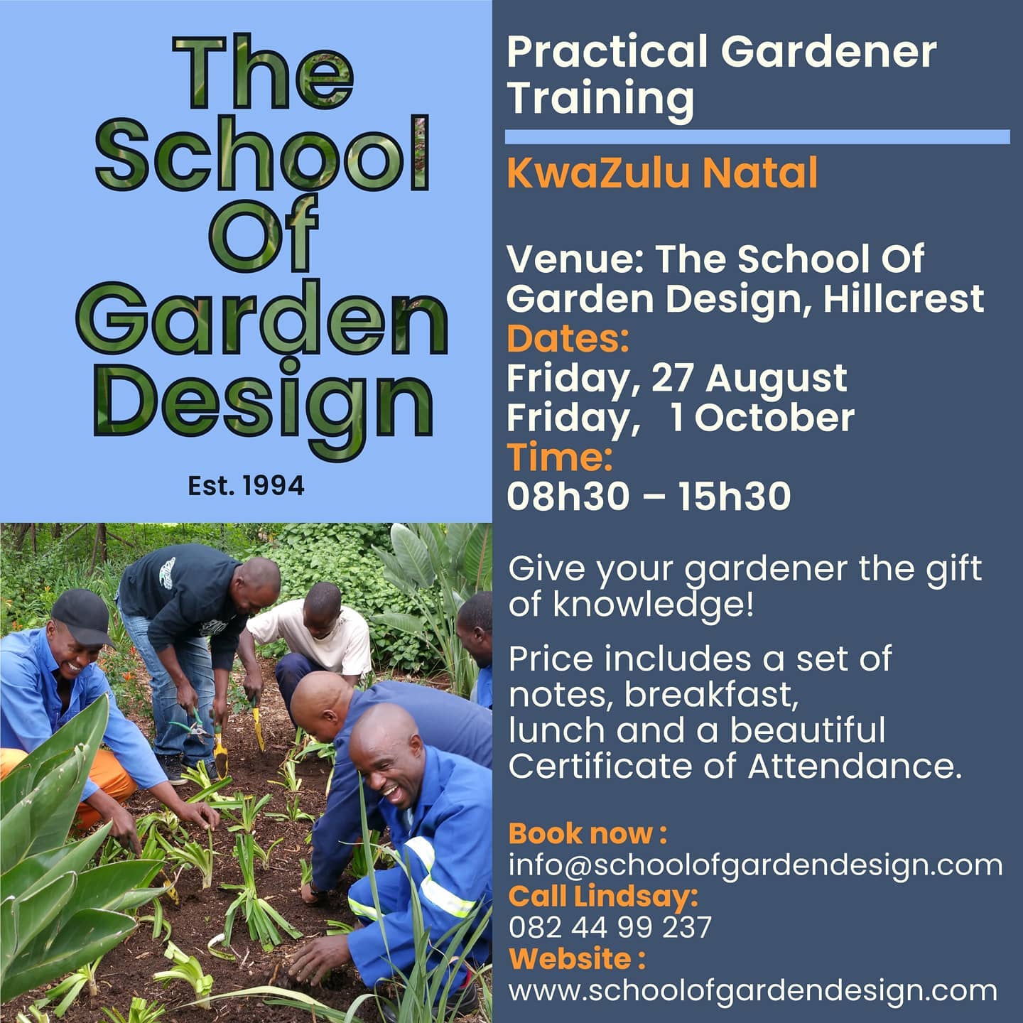 Give your gardener the gift of knowledge, for his is surely one of the most important professions on earth. 4 spaces left for our August class held in Hillcrest, KZN. Contact details in the advert.
#theschoolofgardendesign
#Practicalgardenertraining
#Hillcrest #pruning #lawncare #plantingtechniques