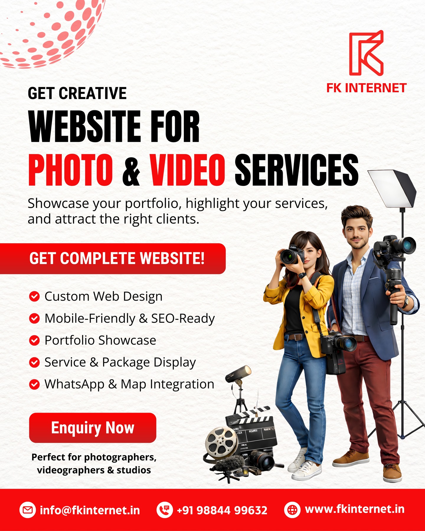 ๐ธ๐ฌProfessional Website for Photographers, Videographers & Studios
Your visuals deserve more than just Instagram.๐ฅ๐ผ๏ธ
๐ A dedicated website helps you showcase your portfolio, highlight your services, display packages clearly, and attract serious clients who are ready to book. ๐ผโจ
At FK Internet, we design modern, mobile-friendly ๐ฑ and SEO-ready ๐ websites tailored for photographers, videographers, and creative studios.
โจ Portfolio-focused layout
โจ Structured service & package display
โจ Smooth mobile experience
โจ SEO-ready pages for better visibility
โจ Enquiry form & WhatsApp integration ๐ฌ
Ready to turn your creativity into consistent enquiries? ๐
๐ฉ DM us or visit www.fkinternet.in
๐ +91 98844 99632
๐ง info@fkinternet.in
#websitedesign #photographerwebsite #videographerwebsite #webdesignindia #businesswebsite
