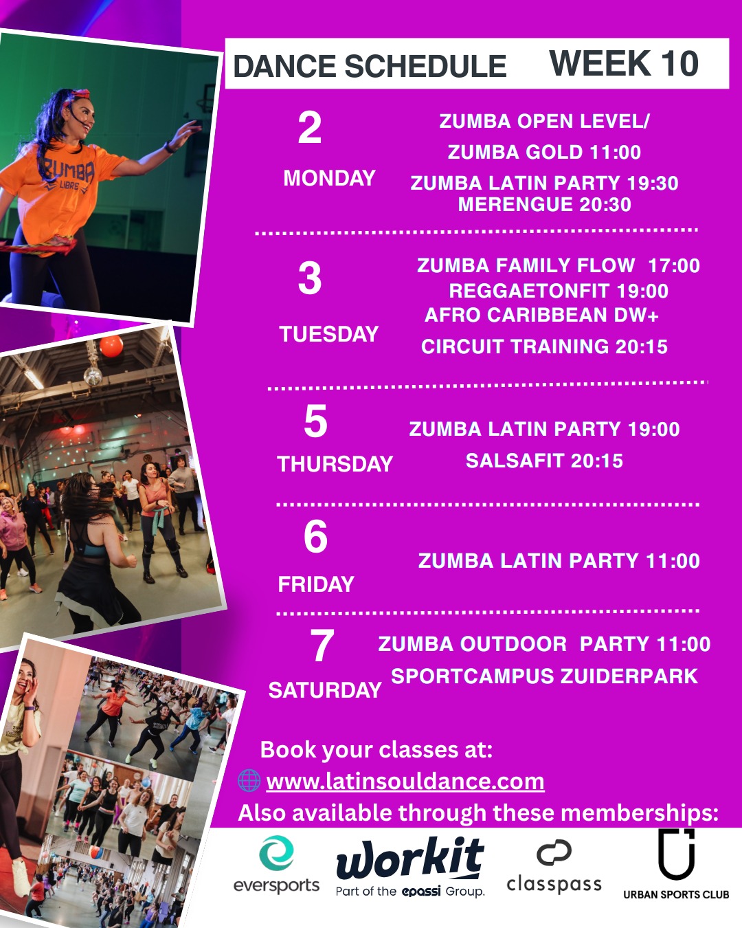 WEEK 10 DANCE SCHEDULE IS HERE 🔥
A full week of rhythm, sweat, joy, and community at Latin Soul Dance 💛
No matter your level, there’s a class waiting for you.
✨ MONDAY
Zumba Open Level / Zumba Gold 11:00
Zumba Latin Party 19:30
Merengue 20:30 🇩🇴
✨ TUESDAY
Zumba Family Flow 17:00 👨👩👧
ReggaetonFit 19:00 🔥
Afro Caribbean DW + Circuit Training 20:15 🌴
✨ THURSDAY
Zumba Latin Party 19:00
SalsaFit 20:15 💃
✨ FRIDAY
Zumba Latin Party 11:00 🎉
✨ SATURDAY
Zumba Outdoor Party 11:00 ☀️
Sportcampus Zuiderpark 🌿
This is more than a workout.
It’s music, culture, confidence and connection.
Book your classes at
🌐 www.latinsouldance.com
Also available via Eversports, Workit, ClassPass & Urban Sports Club.
@urbansportsclub_nl @workit.nl @classpassnl @eversportsnl
Tag your dance partner and secure your spot 🖤
#LatinSoulDance #ZumbaTheHague #DanceFitness #Merengue #Bachata #ReggaetonFit #SalsaFit #AfroCaribbeanDance #TheHague #OutdoorZumba #DanceCommunity