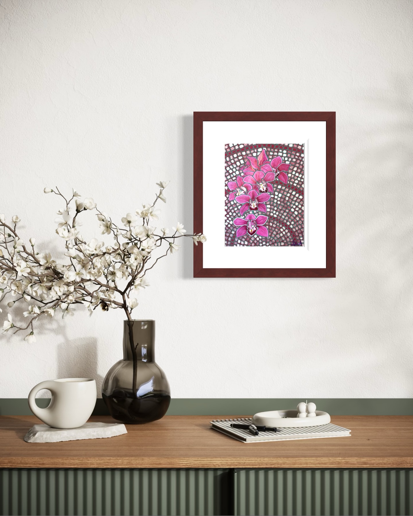 🎨This piece is part of my Mosaic collection. I had a lot of fun with the contrast of wet and dry media- pastel pencil for the contour lines and ink for what’s inside.
The mosaic background was inspired by both the mosaic artworks I see in my time in Italy 🇮🇹 as well as the intricate cobblestone masonry patterns I find there.
Mosaics are commonly used in Europe to depict religious scenes. ⛪️
✨🌸Here I use the mosaic background as a way to transport the viewer and imply that amongst plants and nature, we are in a sacred space between the physical world and the next.
My intention is to zoom in on one single plant and illuminate its spiritual beauty. ☺️
What dos this artwork make you think of? I’d love to hear your thoughts in the comments!
PS: “Mosaic Orchids” is available for sale at the link in bio!
#orchidart #flowerpaintings #originalwallart #mixedmediapainting #pastelandink