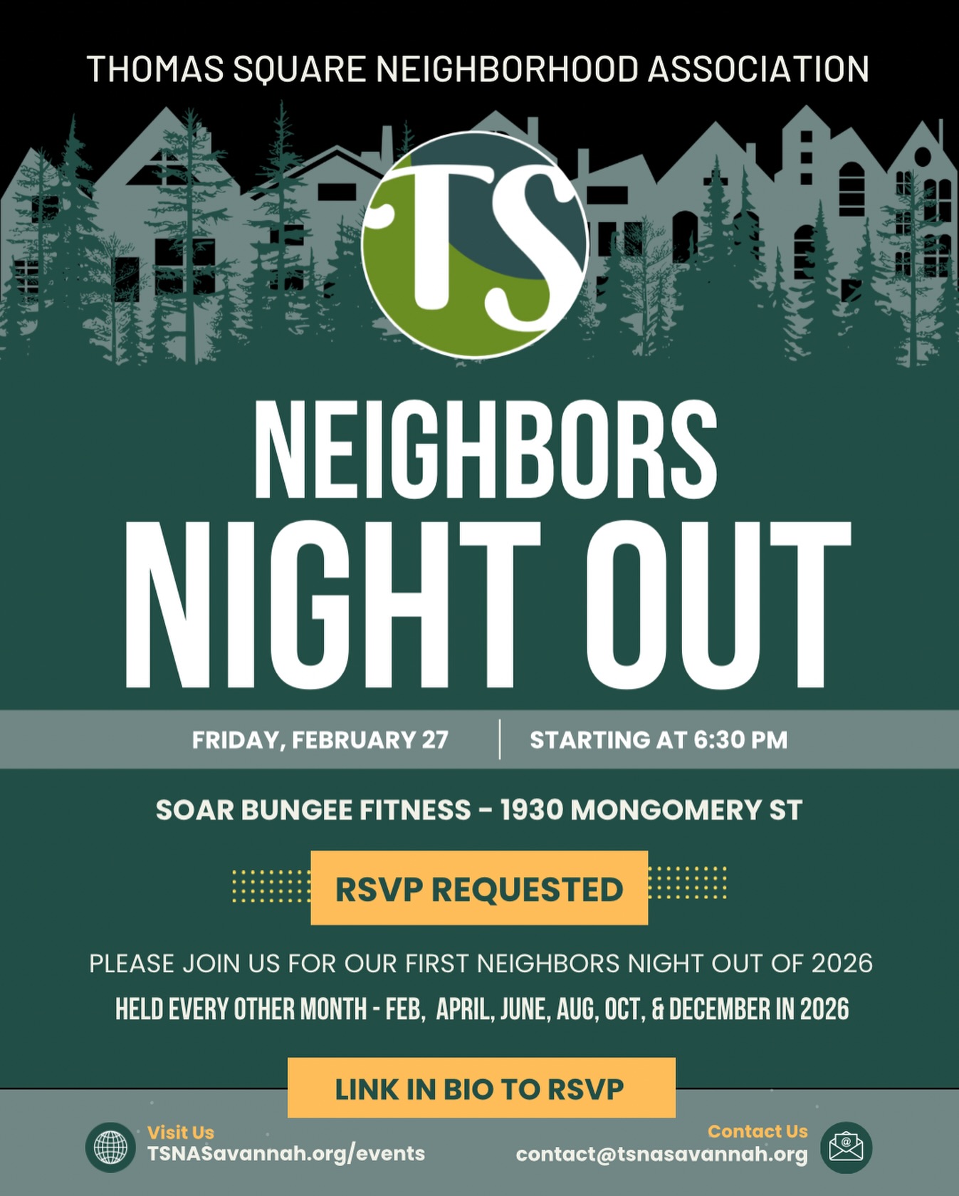 Warmer days are on the way… which means it’s time to shake off winter and get moving. 💪☀️
Join us for TSNA Neighbors Night Out at Soar Bungee Fitness — our neighborhood’s newest fitness spot — for a fun, high-energy, family-friendly evening.
📅 Friday, February 27
⏰ Starting at 6:30 PM
📍 1930 Montgomery Street
What to expect:
✨ Prize giveaways
🥤 Refreshments
🏋️ Tour of the new fitness center
🧘 Free mini-fitness classes (7:00–7:30 PM)
Mini-class options:
• Vinyasa Flow Yoga
• Spin (Indoor Cycling)
• Strength Training
⚠️ Mini-classes require reservations, so be sure to sign up in advance.
Come meet someone new, reconnect with familiar faces, and celebrate another great local business opening its doors in Thomas Square.
🔗 RSVP at the link in our bio
(Scroll down on the event page to register for a mini-class.)
Let’s start 2026 strong — together. 💪