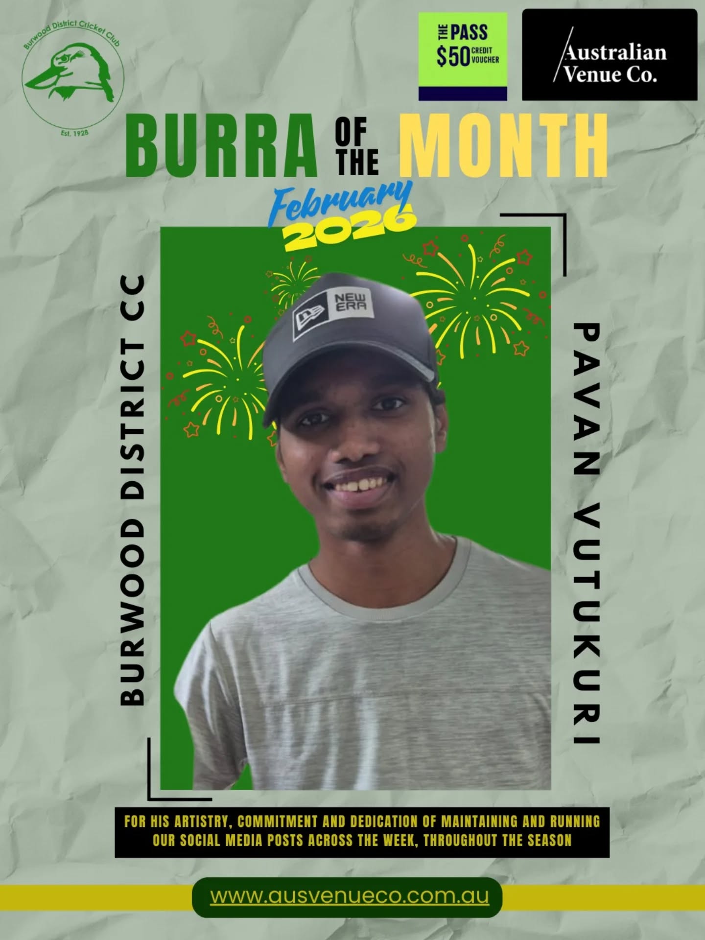 🌟 Burra of the Month – February 2026 🌟
This month's Burra of the month goes to our selfless social media guru @ichillboy_
Pavan has taken the lead on all of our social media posts for the majority of this season, having recently joined the club as a non-playing volunteer! This is not only a huge gift to us as a club, but also one we are super grateful for - in particular having a vibrant character like pavan around our committee and helping towards these off-field tasks!
Thank you Pavan for your creativity and artistic Canva skills that you continue to drive every week and more importantly, your generosity towards the Burra!
A big thank you to Australian Venue Co for supporting this initiative. Pavan receives a $50 credit voucher via The Pass App 🎁🍻