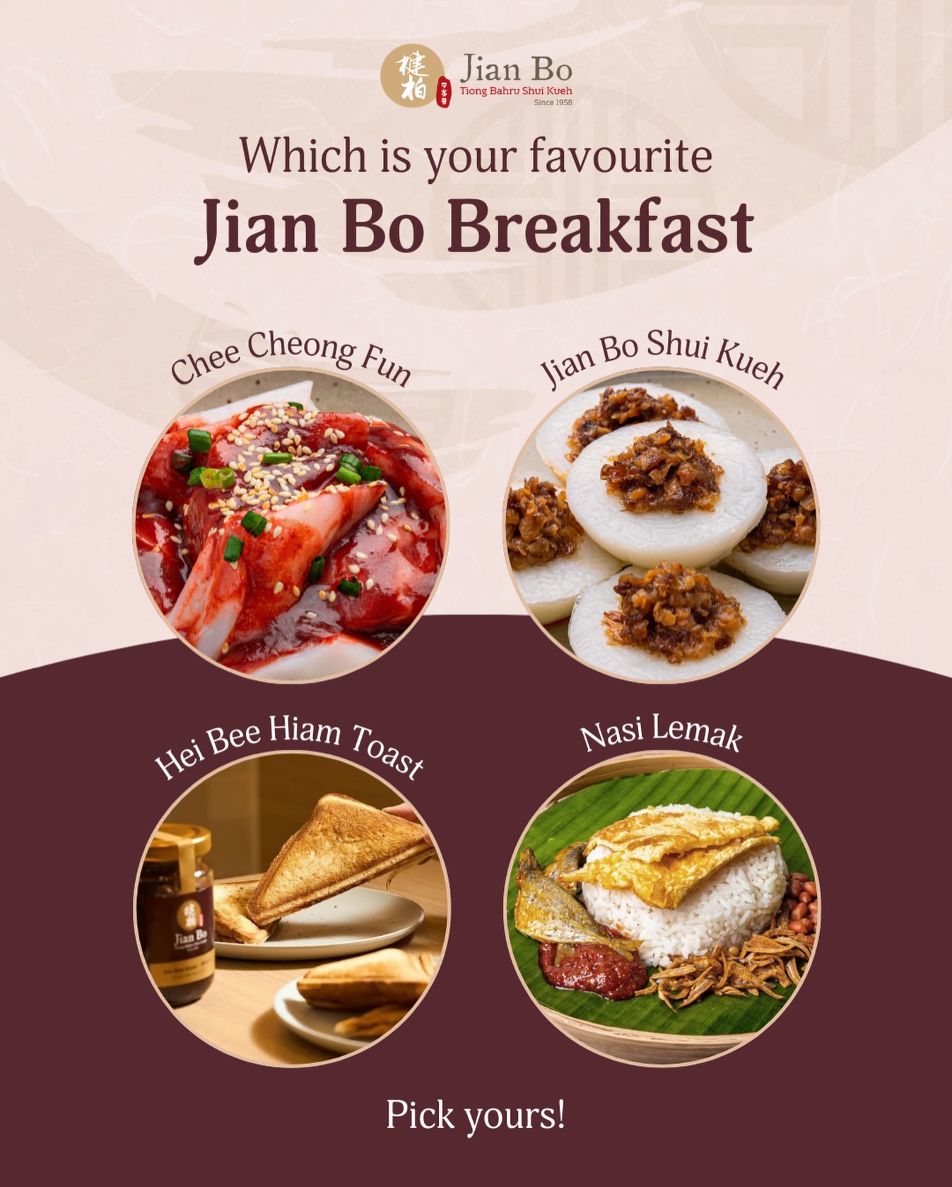 Which one are you craving this morning? ☀️
Soft and silky Chee Cheong Fun
Classic Jian Bo Shui Kueh since 1958
Crispy Hei Bee Hiam Toast
Or a hearty Nasi Lemak to power your day
No matter your mood, there’s always a Jian Bo breakfast waiting for you.
Comment your go-to order below and tag your breakfast kaki 🫶
#JianBo #JianBoShuiKueh #TiongBahruSince1958 #SingaporeBreakfast #LocalFavourites