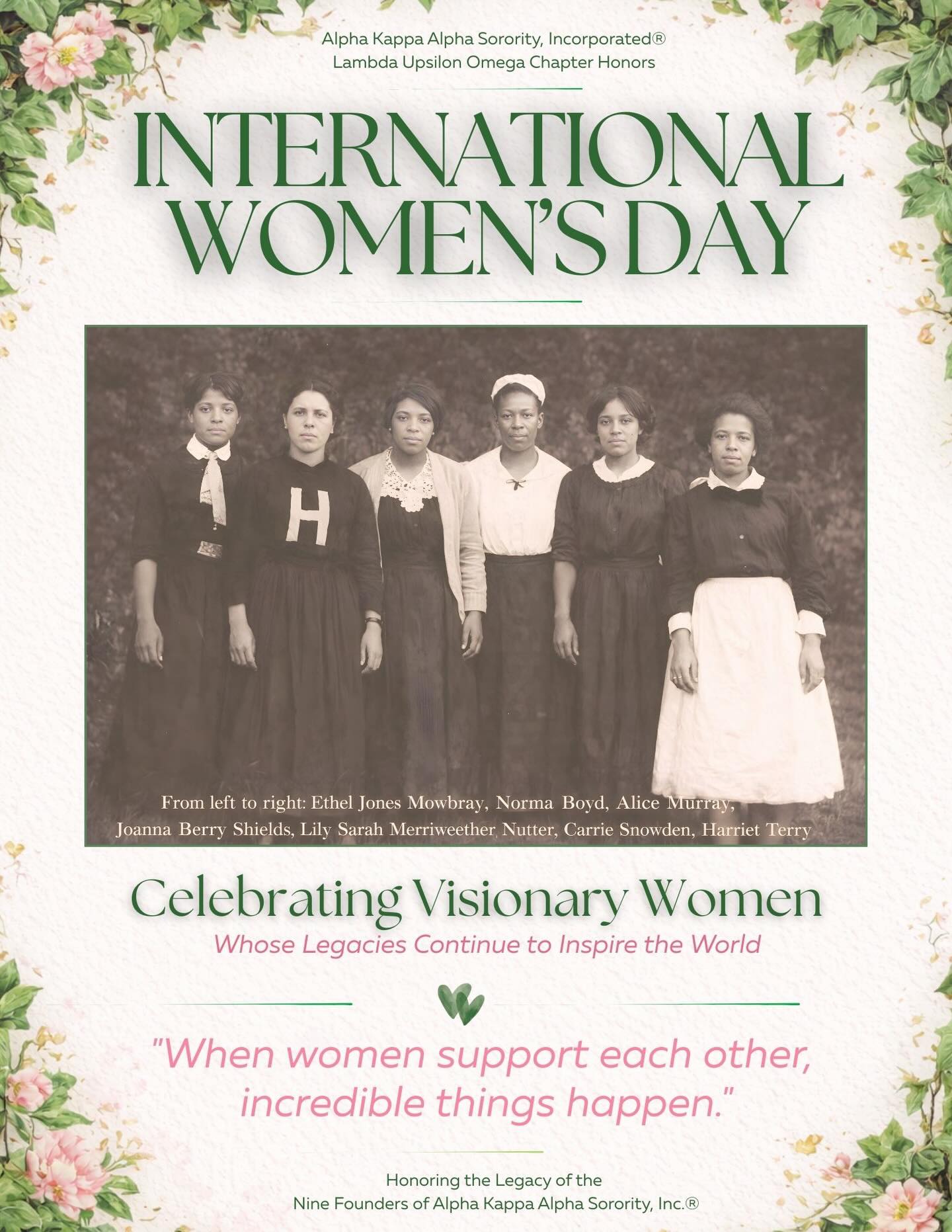 🌿💗 Celebrating Visionary Women 💗🌿
On this International Women’s Day, we honor the vision, courage, and legacy of women who paved the way and continue to inspire generations.
Their leadership reminds us that when women uplift one another, we do more than grow, we transform communities, open doors, and create lasting change.
✨ Here’s to strong women.
✨ Here’s to supportive women.
✨ Here’s to women who lead with purpose.
Because when women support women… incredible things happen.
Tag a woman who inspires you. 💗
#InternationalWomensDay #AlphaKappaAlpha #AKA1908 #SisterhoodAndService #WomenSupportingWomen PinkAndGreen WomenWhoLead