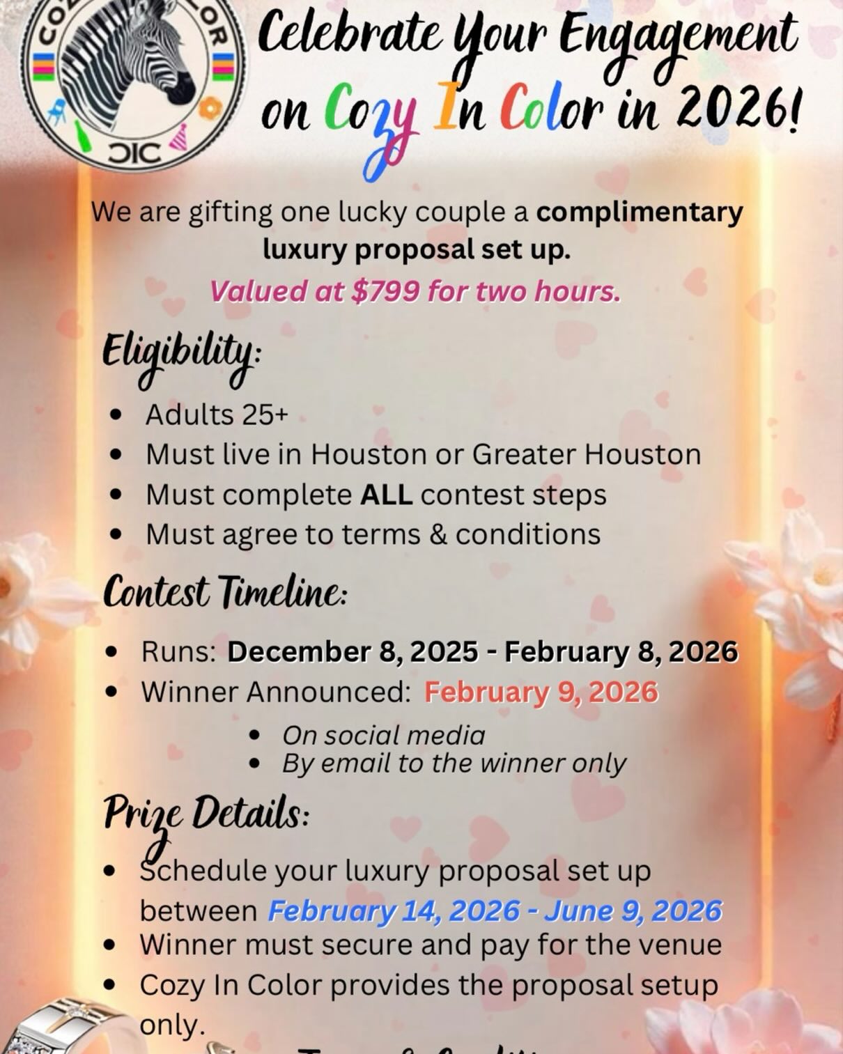 💍✨ Proposal Package Update ✨💍
We’re extending our Engagement Proposal Party Rental Giveaway yet again! We’ve had some interest but no one who was actually ready to move forward with a proposal to their partner in love this year.
We want this experience to go to someone truly ready for their special moment, so we’re reopening entries for a limited time.
If you or someone you know is planning a proposal, this is your sign.
❤️🥰If you know someone who truly wants to surprise their love with our luxe proposal romantic rental set up in 2026, comment “Proposal” and I will send you the details on how to win this luxe proposal romantic rental set up.
Enter now or tag someone who needs to see this ❤️ Winner announcement date: TBD
#cozyincolorrentals #MarryMeMoment
#SheSaidYes 🌹#EngagementVibes