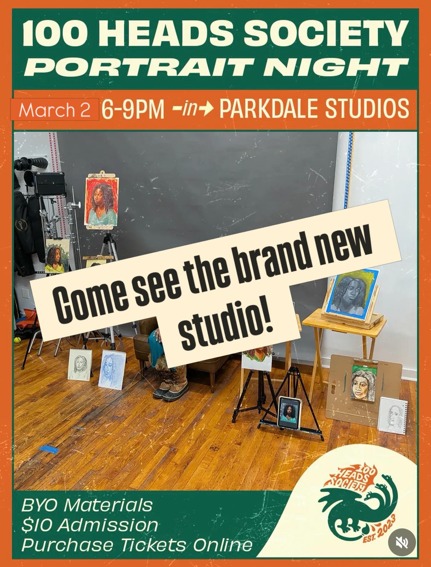 The time has finally come! We are in the new studio space! Our new studio is located right behind the Parkdale building. We have been using for almost three years.
Join us Monday March 2 for the first portrait night in the new space.
We will put out a new graphic showing everyone exactly how to get there and we will make sure it’s easy to find us with some balloons for our first portrait night in our new studio! Don’t miss it!
#100heads #portraitpainting