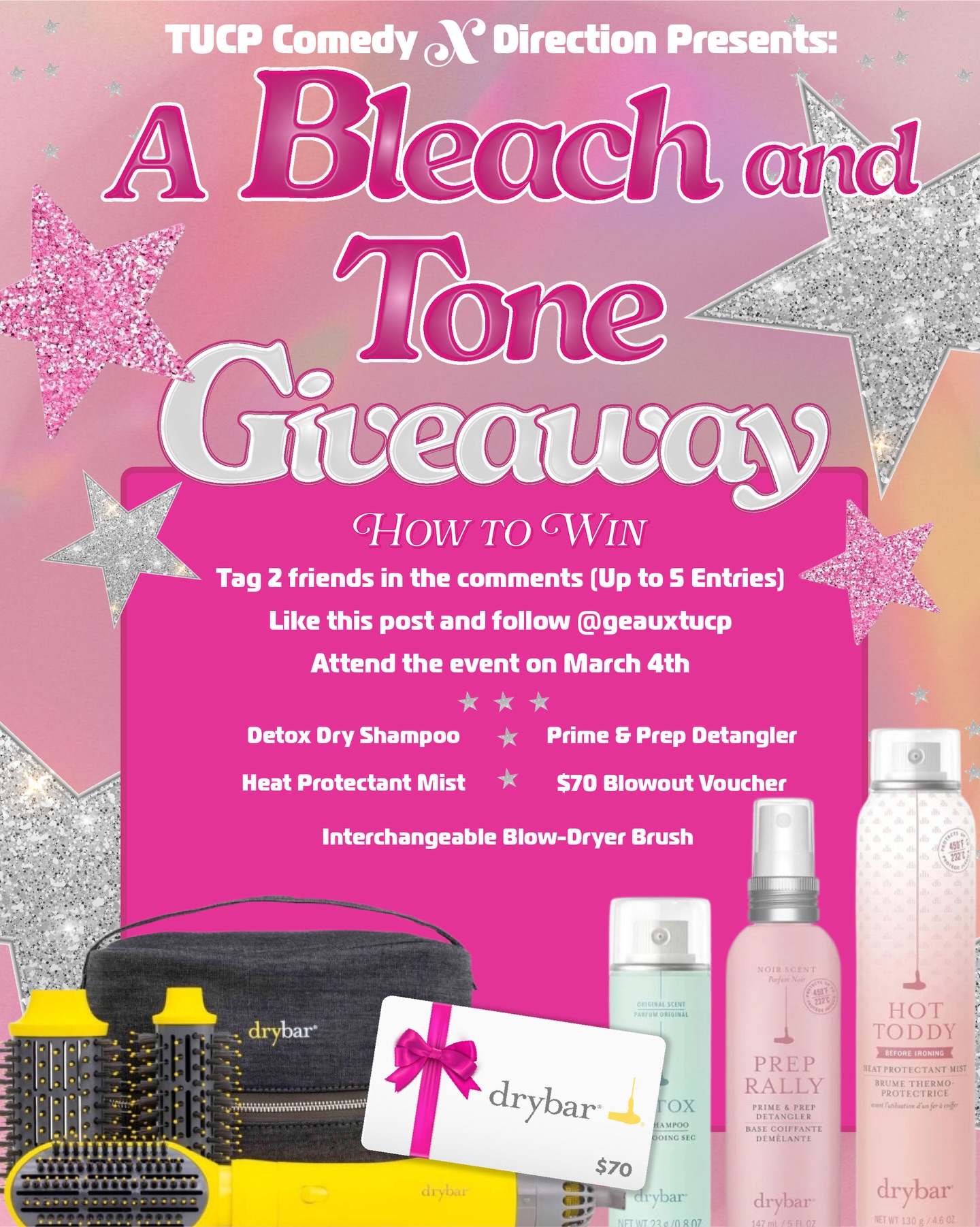 A….. BLEACH AND TONE GIVEAWAY 💕 We are giving away an ESSENTIAL HAIR KIT just like Tana’s in partnership with @drybarshops_uptownnola ‼️
To participate in this giveaway you must: tag 2 friends in the comments (up to 5 entries), like this post, follow @geauxtucp AND attend our event on March 4th
The Bleach & Tone includes:
Detox Dry Shampoo
Heat Protectant Mist
Interchangeable Blow-Dryer Brush
Prime & Prep Detangler
$70 DRYBAR BLOWOUT VOUCHER