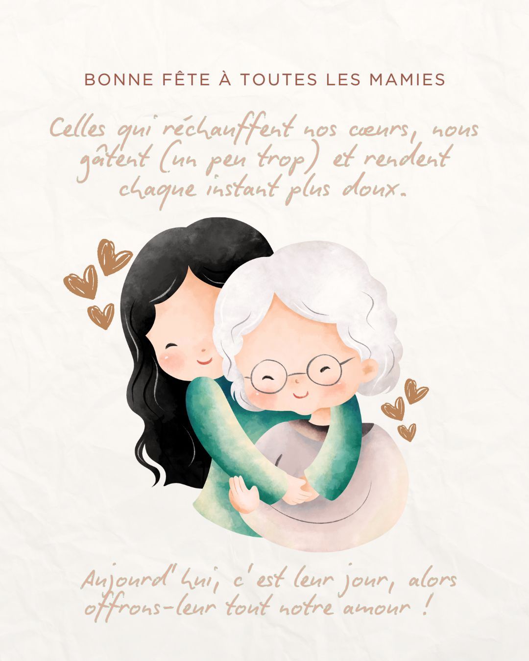 Une pensée toute particulière pour nos mamies d’amour 🌸
Et si on leur offrait un moment rien que pour elles ?
Une parenthèse de douceur, de relaxation, de bonheur 💛
Bonne fête à toutes les grands-mères !