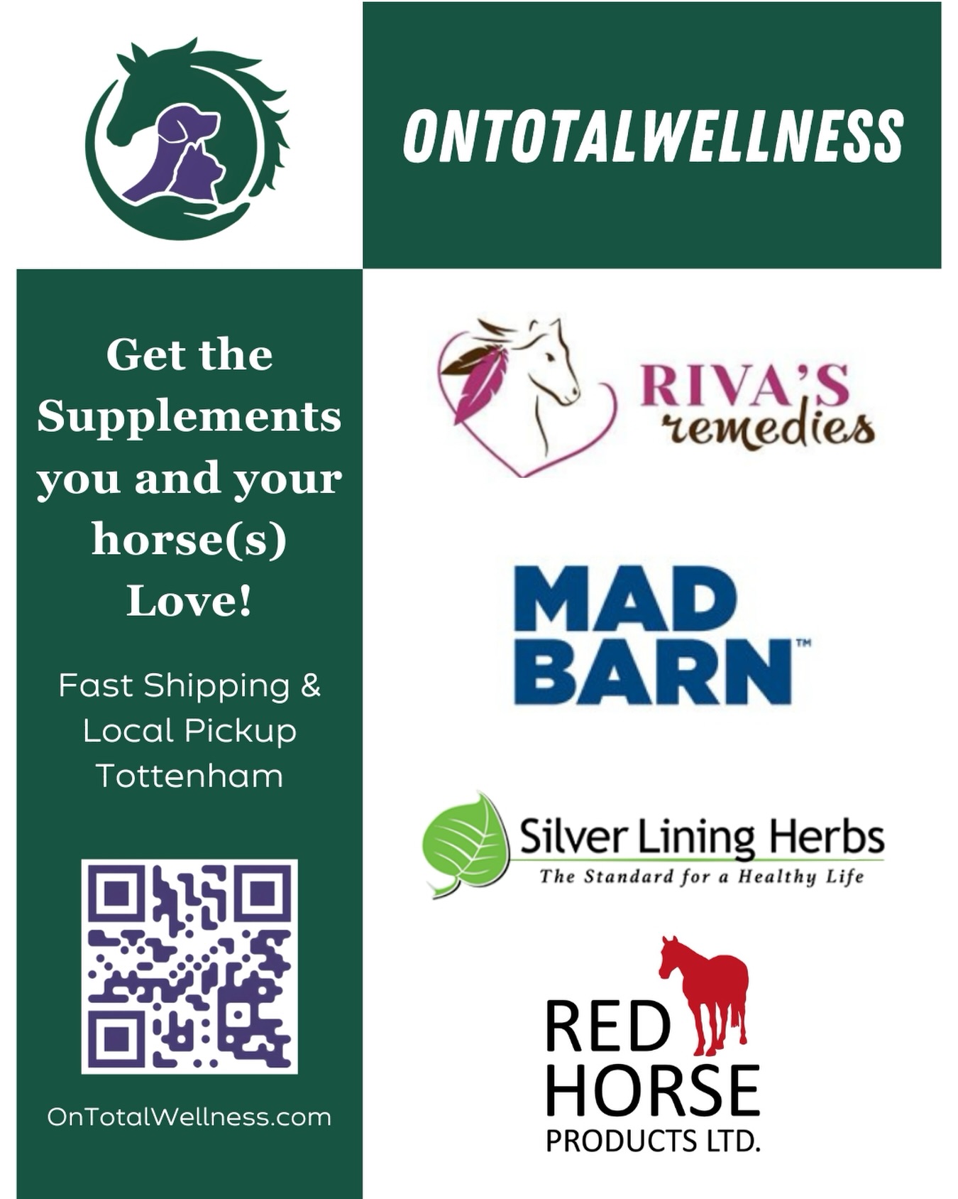 We carry quality brands you and your horse will love, available locally in Tottenham and Fast Shipping across Canada
@rivasremedies @madbarnequine @silverliningherbs @redhorseproducts1
#tottenham #naturalhorsecare #herbalblends #equinewellness #horsesupplements