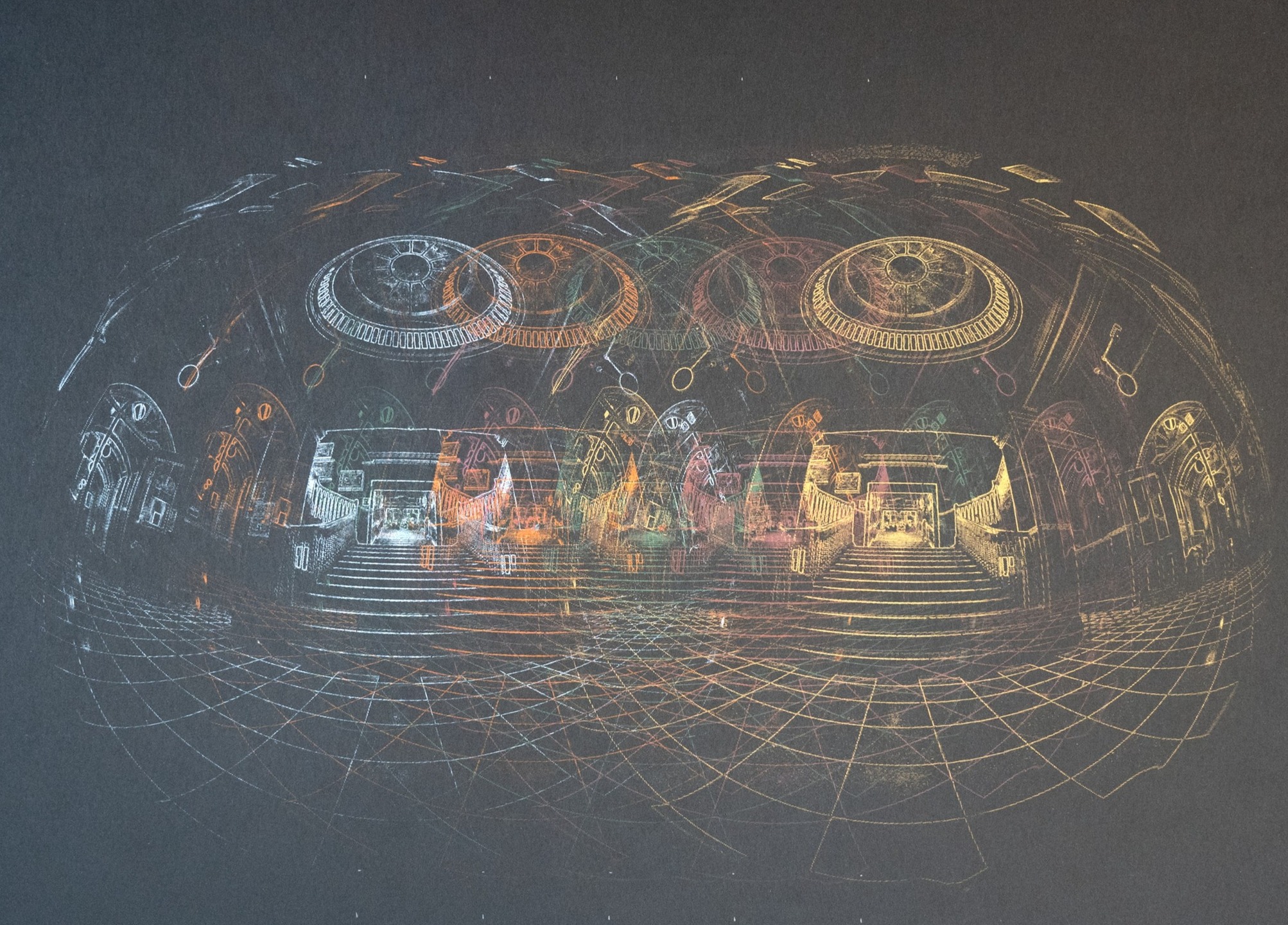 Five Globes
Multiple separation layer screenprint on Fabriano black, 70x50cm.
A lot of maths involved but it worked perfectly! My signature gold in the final pull.
Taken from my 220 degree circular photograph of the interior of the @aberystwythschoolofart
#screenprinting #goldonblack #stripeyhoundart #uniorbust #aberystwythschoolofart #photoseparation