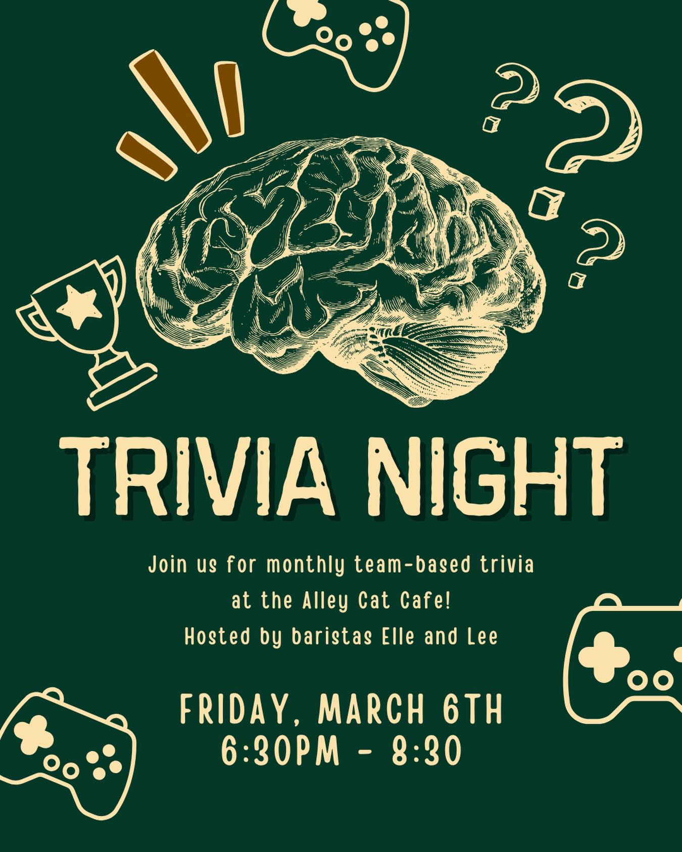 Alley Cat is starting Trivia Nights, hosted by yours truly, Elle and Lee! Join us tomorrow, Friday March 6th from 6:30pm to 8:30pm!
#FortCollins #LocalCoffee #trivia