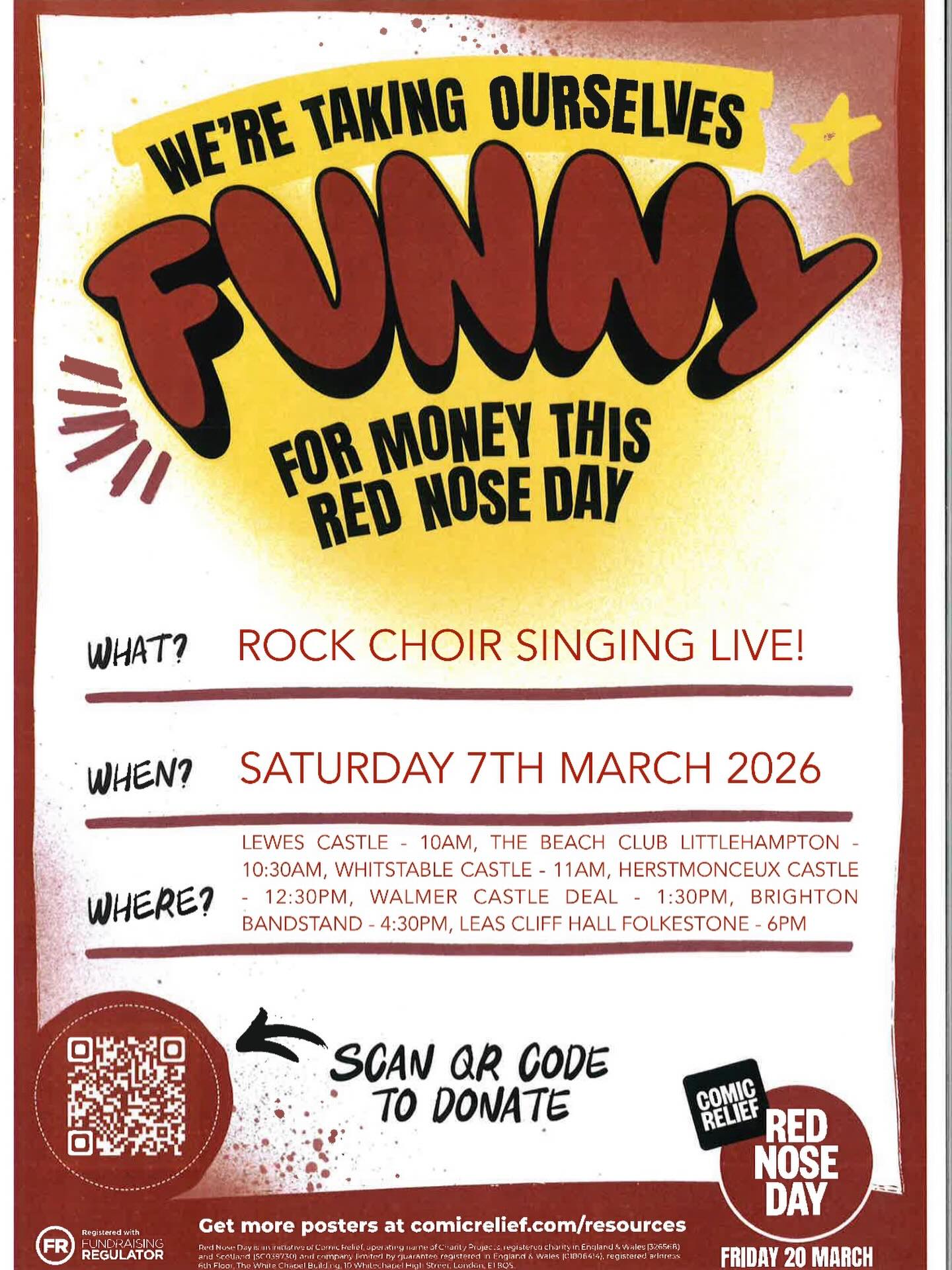Join us at Whitstable Castle at 11AM on Saturday 7th March 2026 for a fantastic Rock Choir live performance in support of Comic Relief.
Expect big voices, feel-good hits, and plenty of smiles — all for a brilliant cause!
📍 Whitstable Castle
🕚 11:00AM
📅 Saturday 7 March 2026
🎈 Donations welcome via QR code
Let’s sing, smile and raise some money together!
#RedNoseDay #ComicRelief #WhitstableEvents #LiveMusic #RockChoir