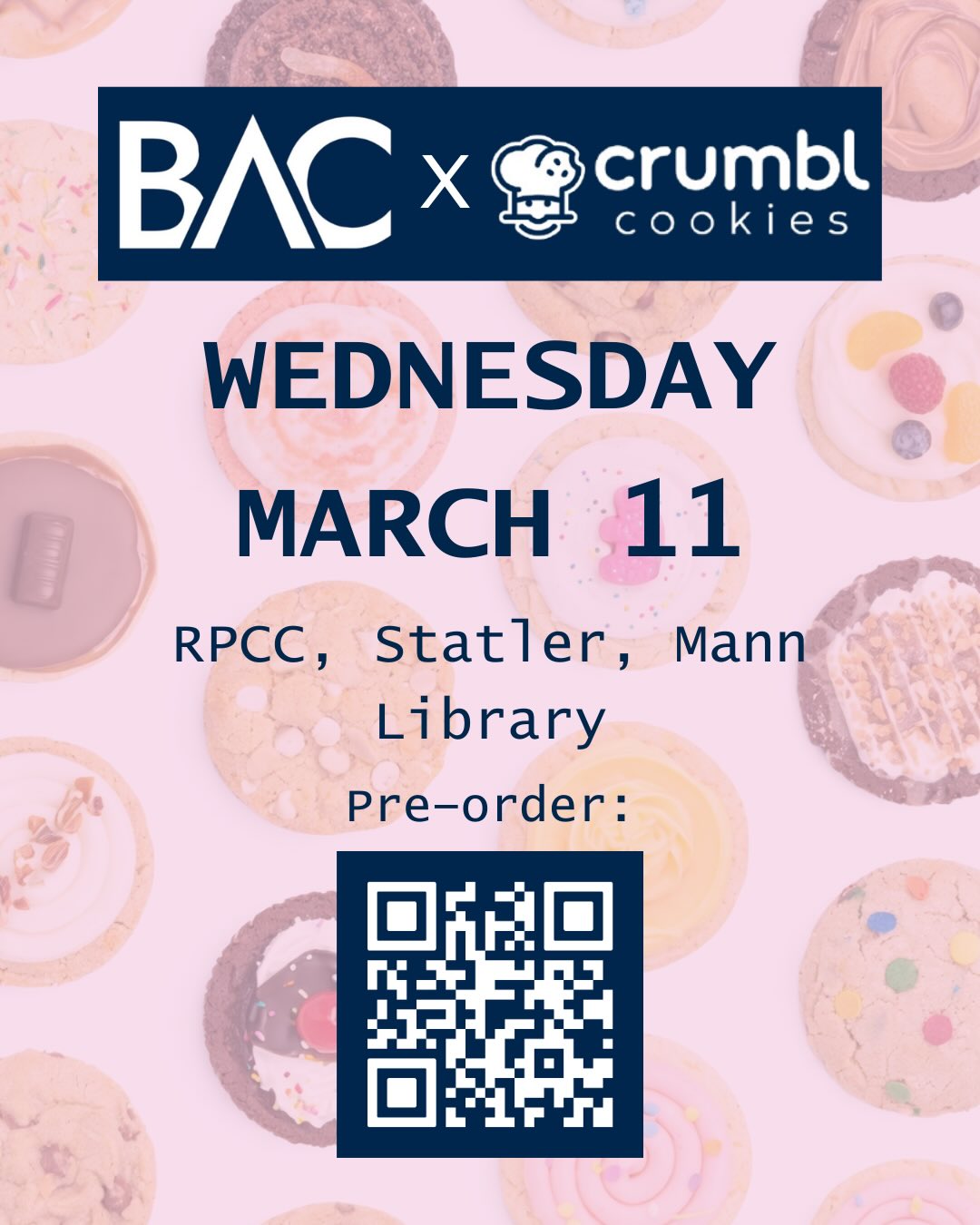 🍪PLACE YOUR ORDERS AND MARK YOUR CALENDARS🍪
BAC is so excited to announce our Spring 2026 Crumbl Cookies sale!! (Swipe for options)
Date: Wednesday, March 11th
Location: RPCC, Statler, Mann Library
PRE-ORDER in the link in bio by March 6th 11:59!!!
We are also accepting any donations!!
Don’t leave us Dessert-ed 😉