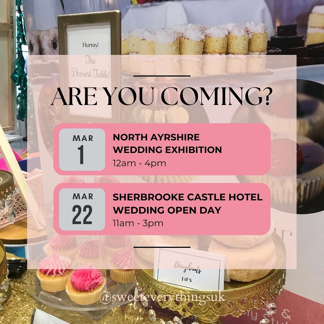 NEW! ✨ Can you believe that March is already right around the corner and Sweet Everythings will be at these amazing Wedding Open Days & Events👇🏼
Join us at our stand to explore our gorgeous buttercream wedding cake and dessert table range. Enjoy cake tastings and samples, see our brand new dessert towers and browse through all the options in our wedding brochure. Plus, don’t miss your chance to enter our competition for a free wedding macarons!
🍰 North Ayrshire Wedding Exhibition - Sunday, 1 March, 12am - 4pm
📍 You’ll find us at the grazing wall at @geilsland_estate - Geilsland Estate, Wardrop Street, Beith, KA15 1HE
🎟️ Grab your tickets here: https://www.ticketsource.co.uk/wedding-events/north-ayrshire-wedding-exhibition/e-erqmjl 👈
🍰 Sherbrooke Castle Hotel Wedding Open Day - Sunday 22 March, 11am - 3pm
📍 You’ll find us at @sherbrookecastlehotel , 11 Sherbrooke Avenue, Pollokshields, G41 4PG
Let’s chat about your dream wedding! Can’t wait to see you there!
📍Glasgow Weddings • Edinburgh Weddings • Wedding Dessert Table • Buttercream Wedding Cake • Scottish Weddings • Modern Wedding Cakes • Scottish Wedding Venue • Wedding Macarons • Wedding Doughnuts