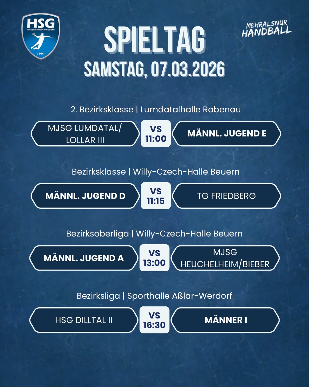 🔵 SPIELTAG | 07.03. & 08.03.2026 🔵
Am 07. & 08. März sind unsere Teams wieder überall im Einsatz – von der E-Jugend bis zu unseren Aktiven! 💪
🏠 Heimspiele in Beuern:
– Männliche Jugend D
– Männliche Jugend A
🚌 Auswärts gefordert sind:
– Männer I in Dilltal
– Männer II in Homberg
– Frauen in Pohlheim
– sowie mehrere Jugendteams am Samstag & Sonntag
Unterstützt unsere Teams vor Ort – egal ob Heim- oder Auswärtsspiel. Jeder Support zählt! 🙌
#matchday #handball #hsgbuseck #mehralsnurhandball #sport