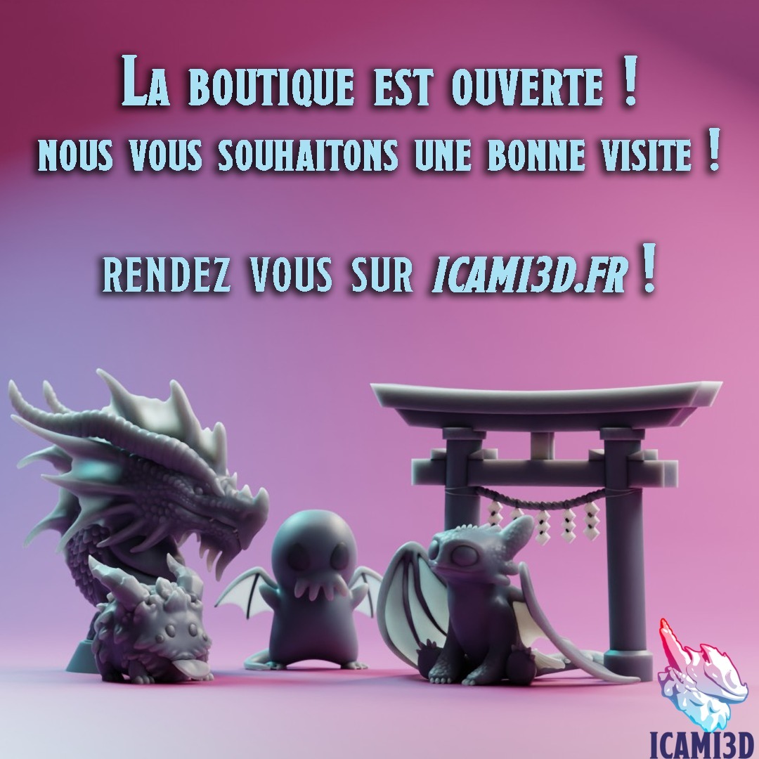 Bonjour à toutes et à tous !
La boutique est enfin ouverte ! C'est avec impatience que nous vous attendons sur icami3d.fr ! 🎉
Si vous avez une question, une suggestion ou une demande particulière, n'hésitez pas à nous contacter !
Avec le code promo ICAMI10, vous aurez 10% de réduction sur toute la boutique ! Attention, ce code est valable pour les premiers arrivant !
Bonne visite !
__________________________________________
Hello everyone !
The store is finally open! We look forward to seeing you on icami3d.fr! 🎉
If you have a question, suggestion or special request, do not hesitate to contact us!
With the promo code ICAMI10, you will have 10% off the entire store! Please note, this code is valid for first arrivals!
Good visit !
_________________________________________
#3dmodel #3d #modeling #fantasy #shop #dragon #new #newcollection #print #stl #3dprinting #3dprint