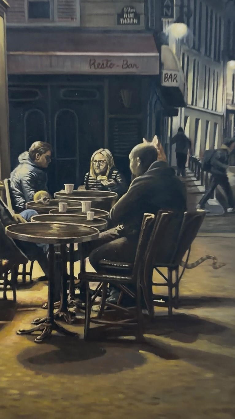 Café Du Matin - 30x40” - Oil on Canvas
This piece is about the wonder that lies in the everyday, the stories that linger beneath the surface. What started out as a scene that was just supposed to be of a few friends sharing a morning coffee and a breakfast sandwich, became juxtaposed by two subtle but invasive ideas that there is more than meets the eye. The veil between reality and the uncanny is present but allusive in our ability to bring this magic into our every day lives. #paris #parisart