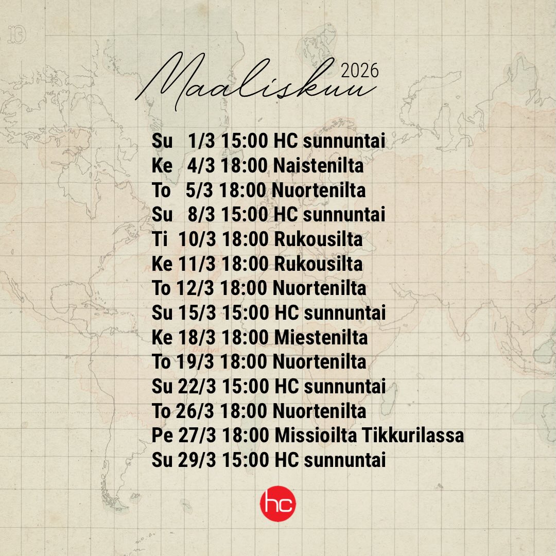 Maaliskuu | March ❄️
Lapsille on omaa ohjelmaa (Kuninkaallinen koulutus) sunnuntaisin saarnan aikana. Alle 4-vuotiaat voivat osallistua huoltajan kanssa.
Nuorten oma IG: @harvestingyouth
Naiset: @lupaluottaa
